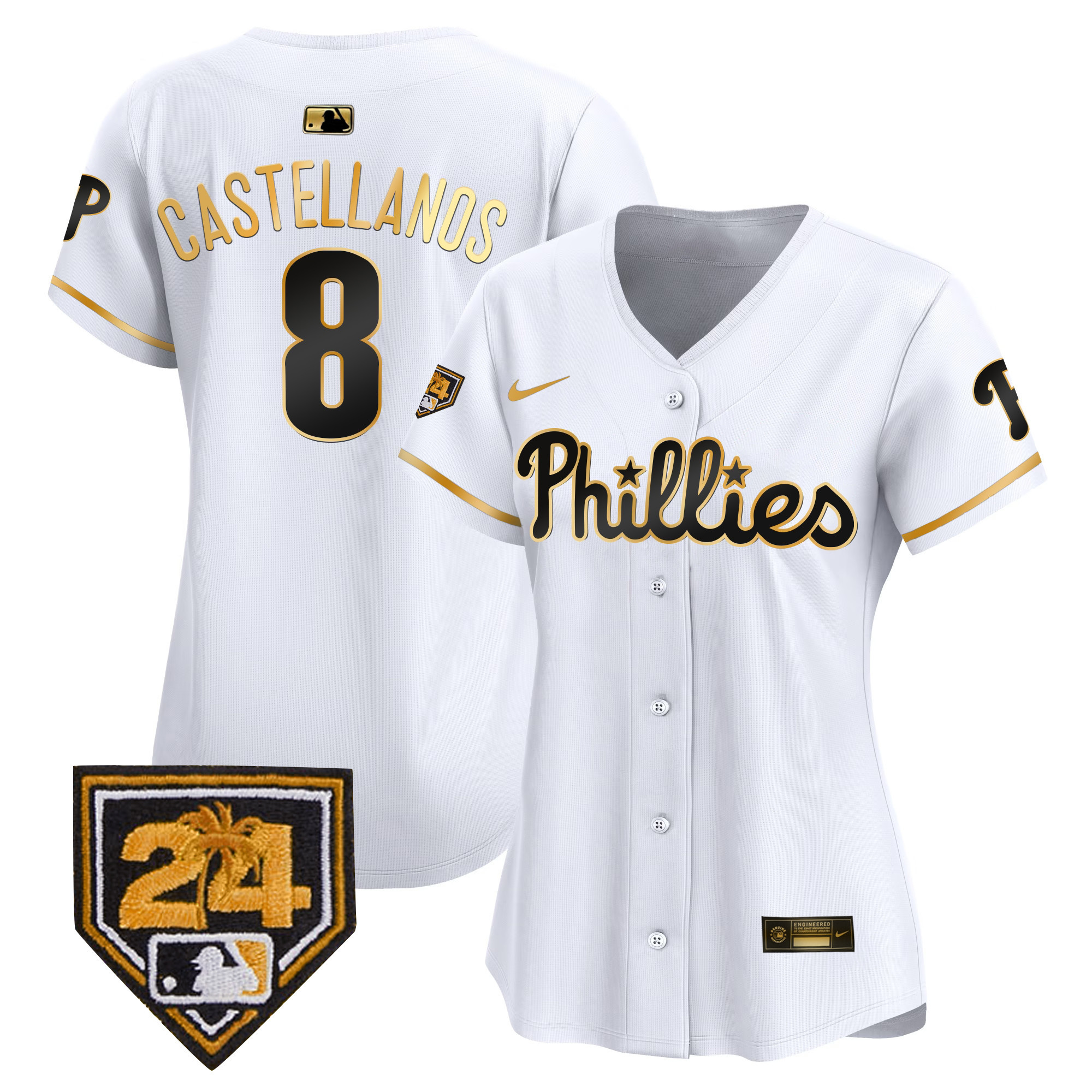 Nick Castellanos Women's Philadelphia Phillies 2024 Spring Training Patch Vapor Premier Limited White Gold Jersey - All Stitched