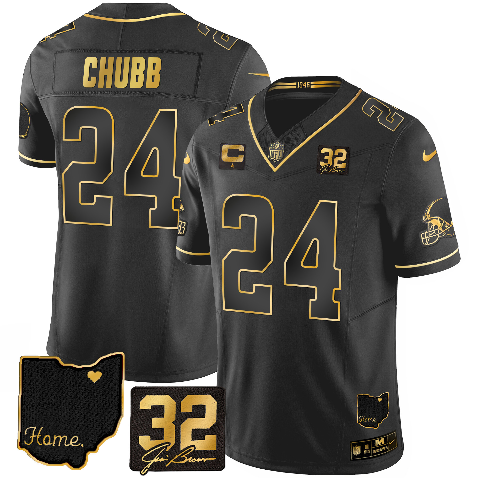 Nick Chubb Men's Cleveland Browns #32 Jim Brown Memorial & Home Patch Gold Black Gold Jersey - All Stitched