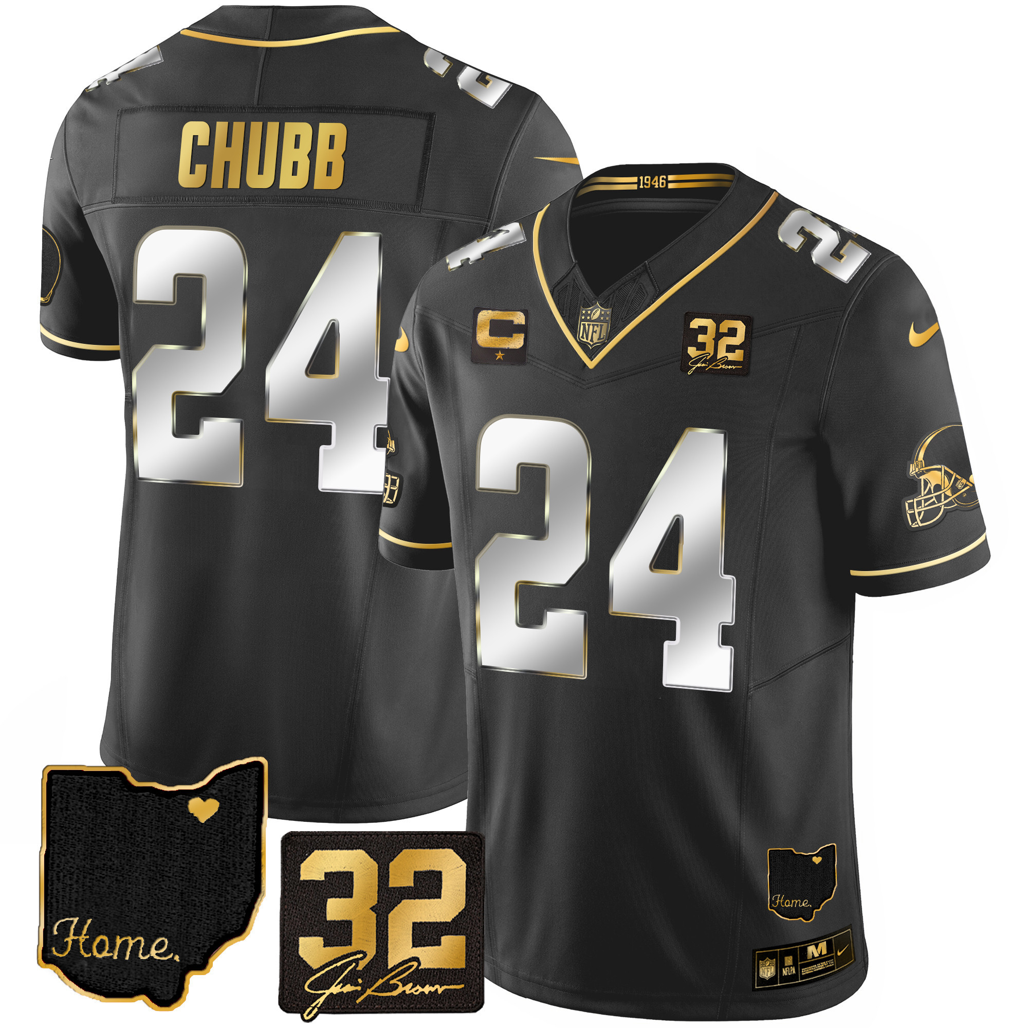 Nick Chubb Men's Cleveland Browns #32 Jim Brown Memorial & Home Patch Gold Black Limited Jersey - All Stitched
