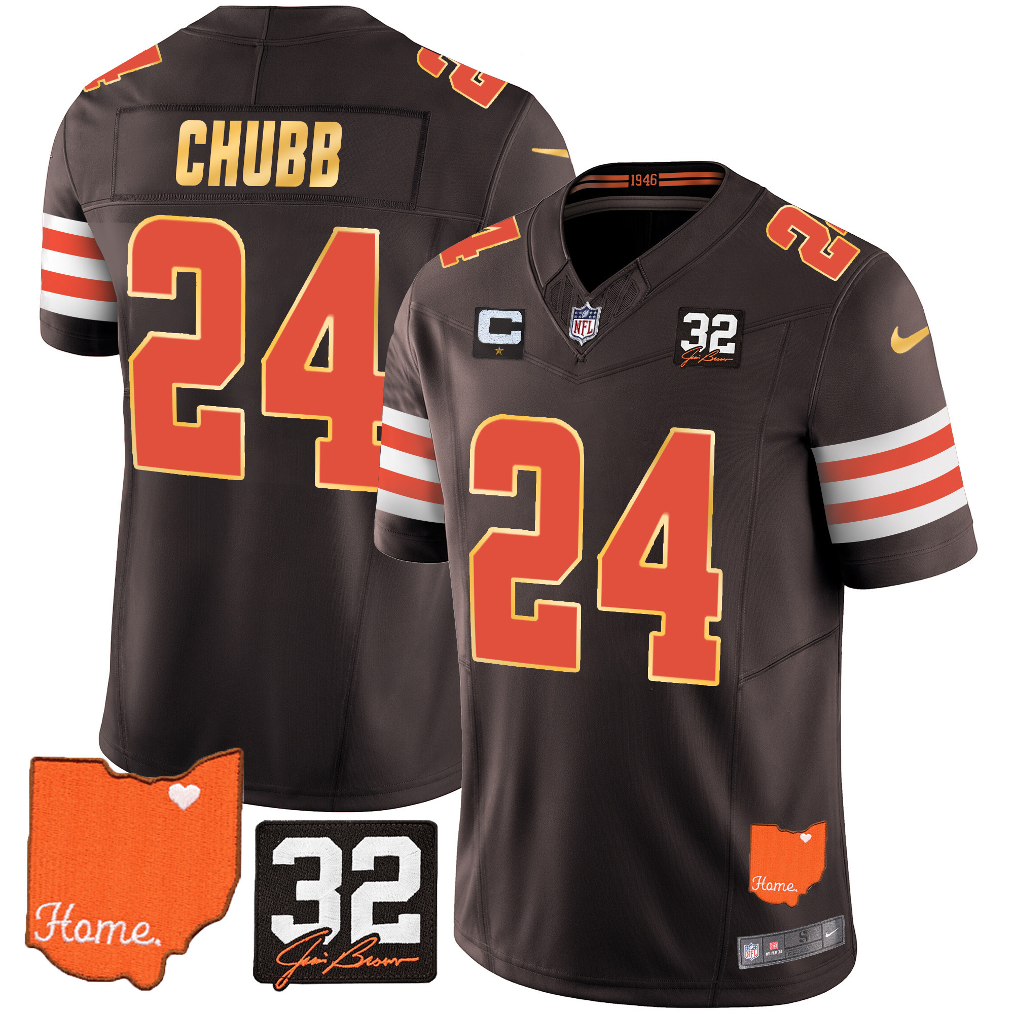 Nick Chubb Men's Cleveland Browns #32 Jim Brown Memorial & Home Patch Gold Trim Jersey - All Stitched