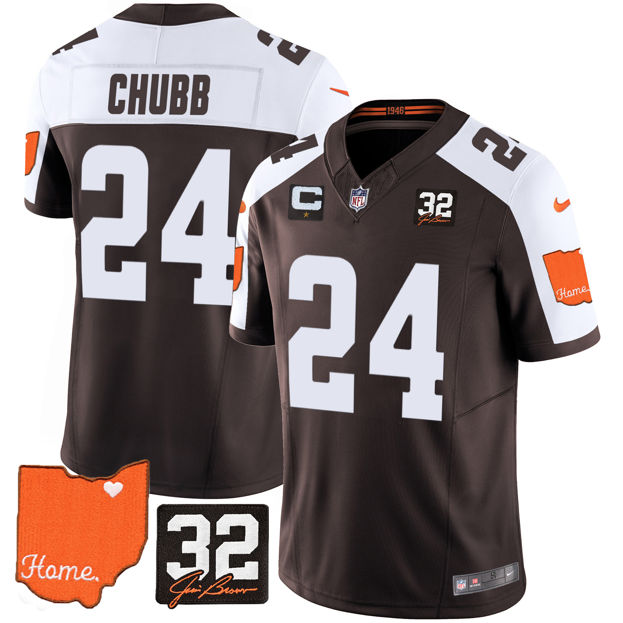 Nick Chubb Men's Cleveland Browns #32 Jim Brown Memorial & Home Patch V2 Alternate Jersey - All Stitched