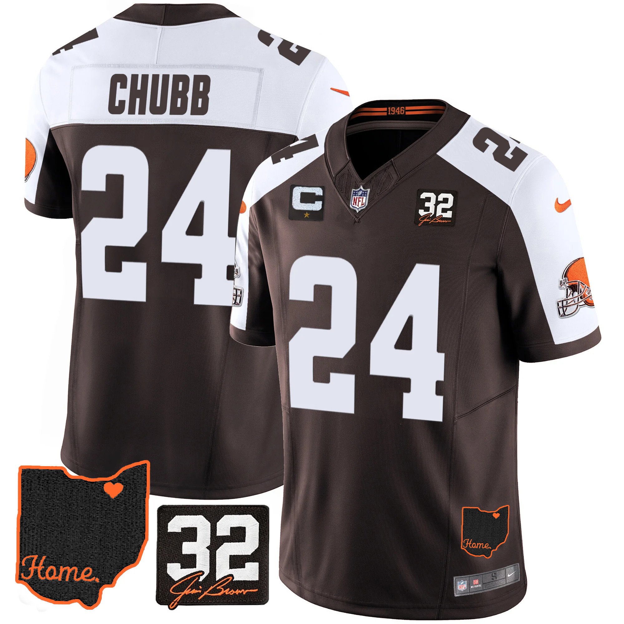 Nick Chubb Men's Cleveland Browns #32 Jim Brown Memorial & Home Patch V3 Alternate Jersey - All Stitched