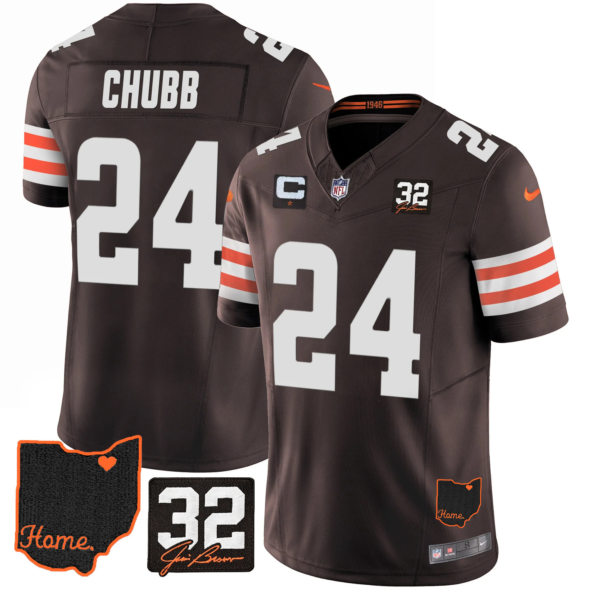 Nick Chubb Men's Cleveland Browns #32 Jim Brown Memorial & Home Patch V3 Jersey - All Stitched