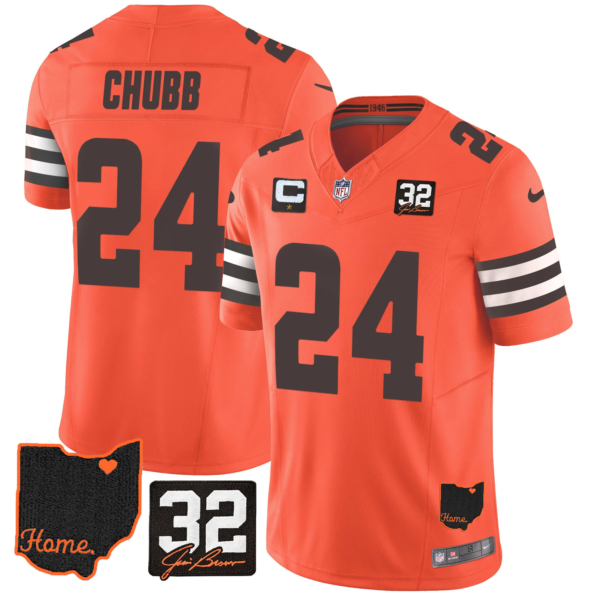 Nick Chubb Men's Cleveland Browns #32 Jim Brown Memorial & Home Patch V3 Orange Jersey - All Stitched