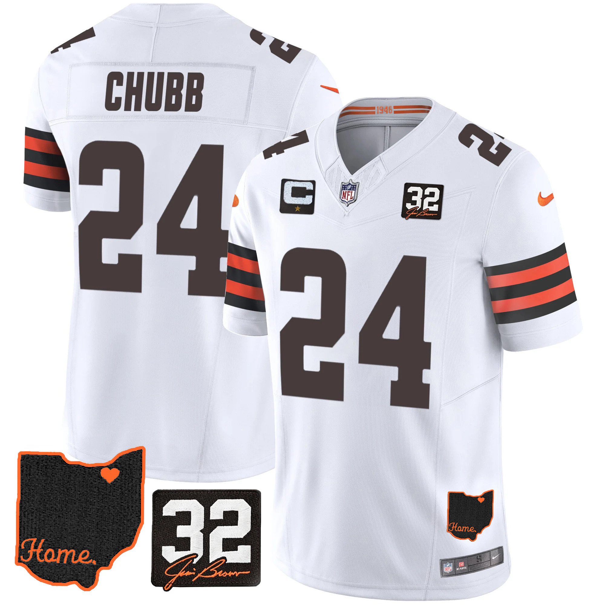 Nick Chubb Men's Cleveland Browns #32 Jim Brown Memorial & Home Patch V3 White Jersey - All Stitched