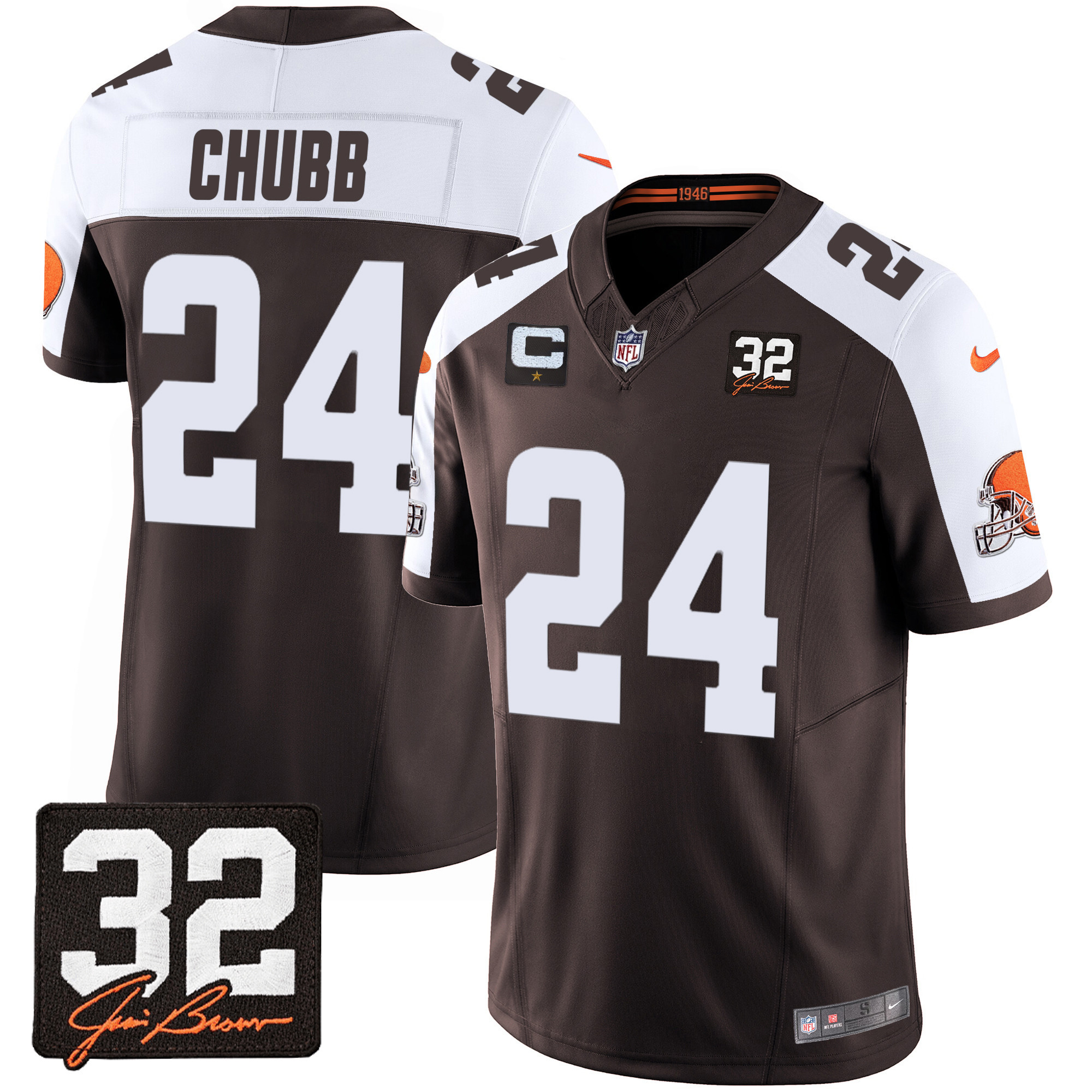Nick Chubb Men's Cleveland Browns #32 Jim Brown Memorial Patch Alternate Jersey - All Stitched
