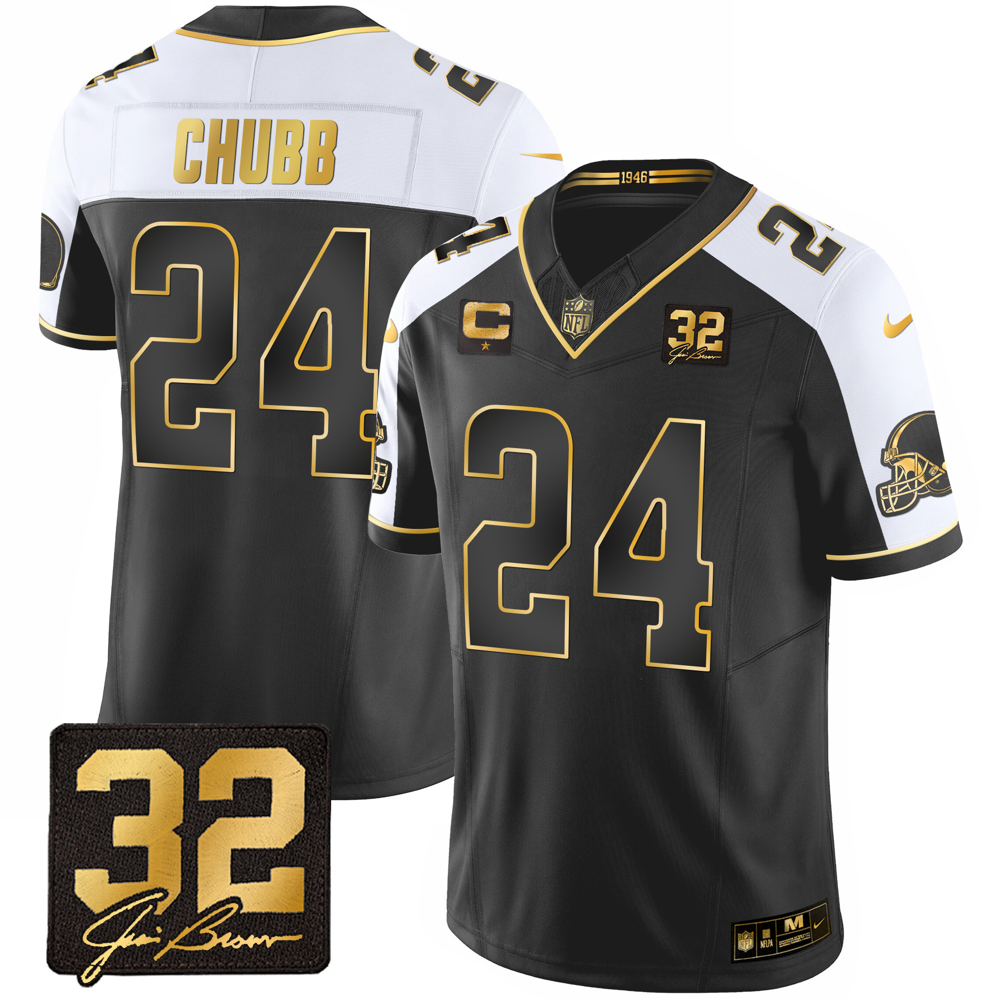 Nick Chubb Men's Cleveland Browns #32 Jim Brown Memorial Patch Gold Alternate Jersey - All Stitched