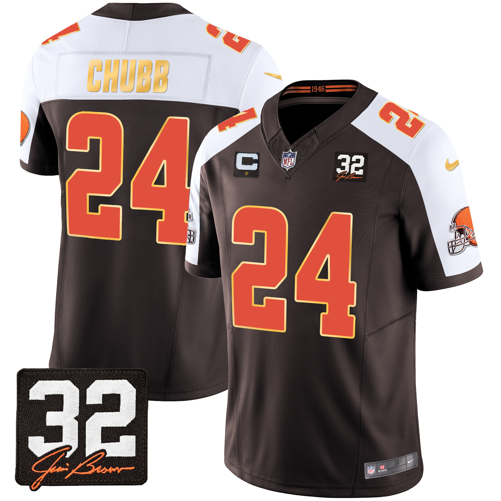 Nick Chubb Men's Cleveland Browns #32 Jim Brown Memorial Patch Gold Trim Alternate Jersey - All Stitched