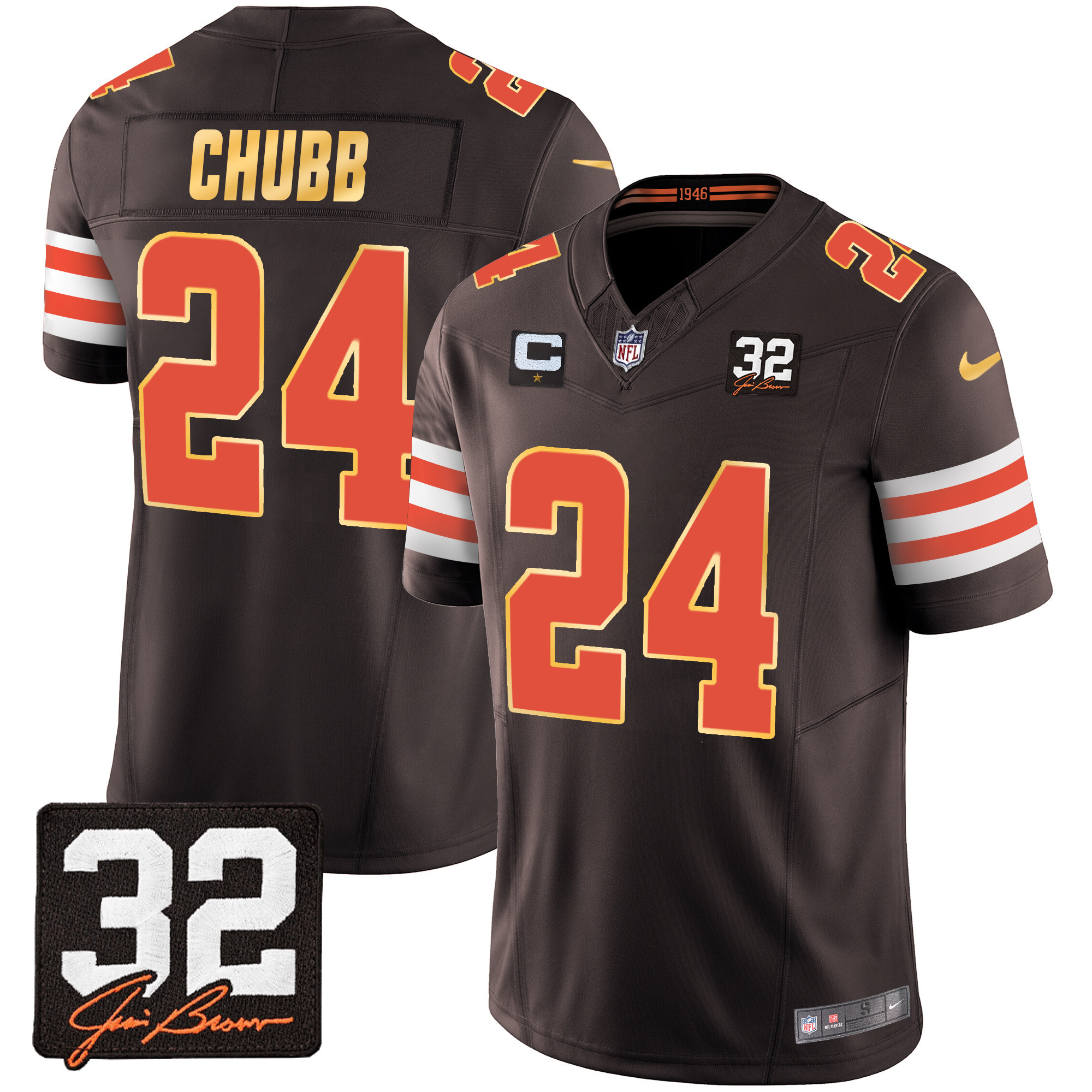 Nick Chubb Men's Cleveland Browns #32 Jim Brown Memorial Patch Gold Trim Jersey - All Stitched