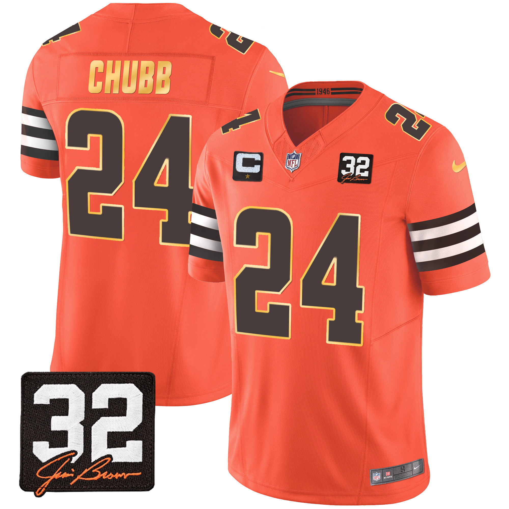 Nick Chubb Men's Cleveland Browns #32 Jim Brown Memorial Patch Gold Trim Orange Jersey - All Stitched