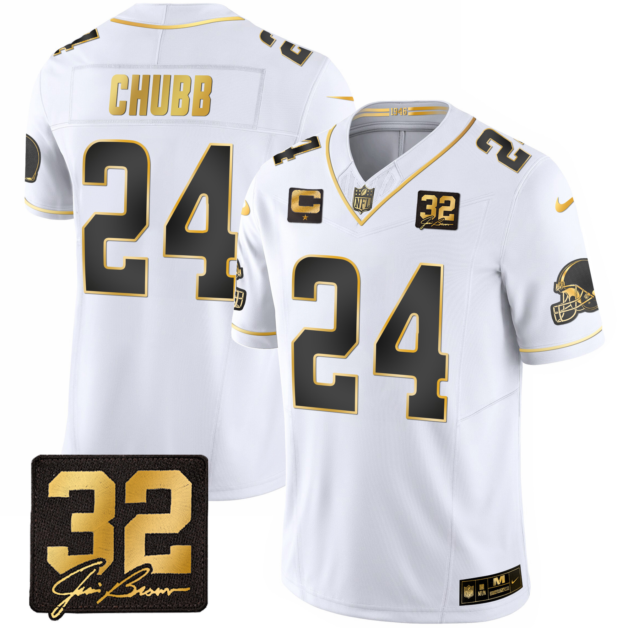 Nick Chubb Men's Cleveland Browns #32 Jim Brown Memorial Patch Gold White Gold Jersey - All Stitched