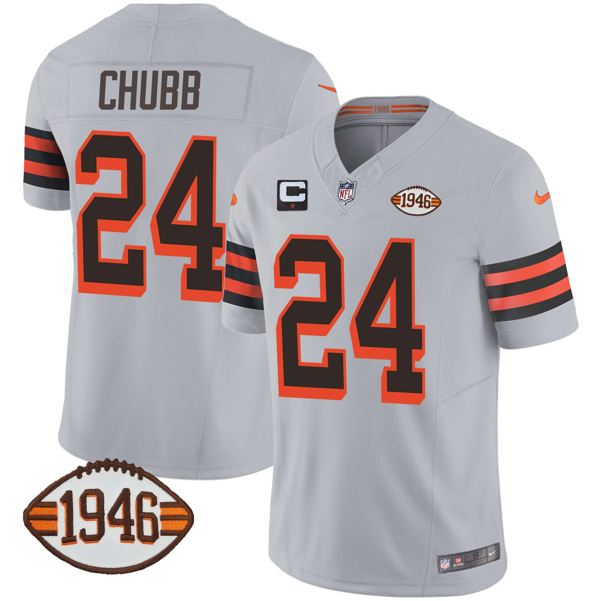 Nick Chubb Men's Cleveland Browns 1946 75th Anniversary Patch Gray Jersey - All Stitched