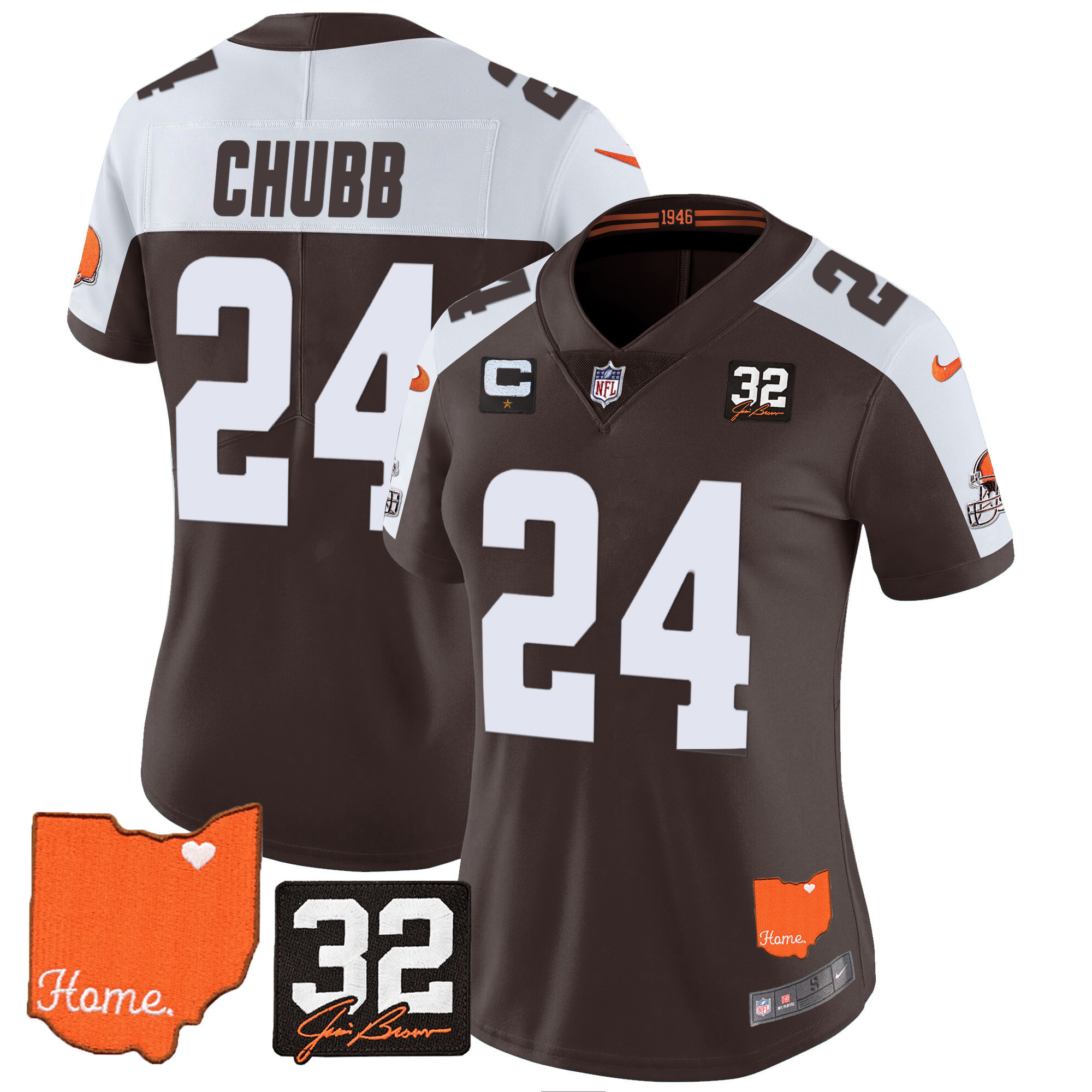 Nick Chubb Women's Cleveland Browns #32 Jim Brown Memorial & Home Patch Alternate Jersey - All Stitched