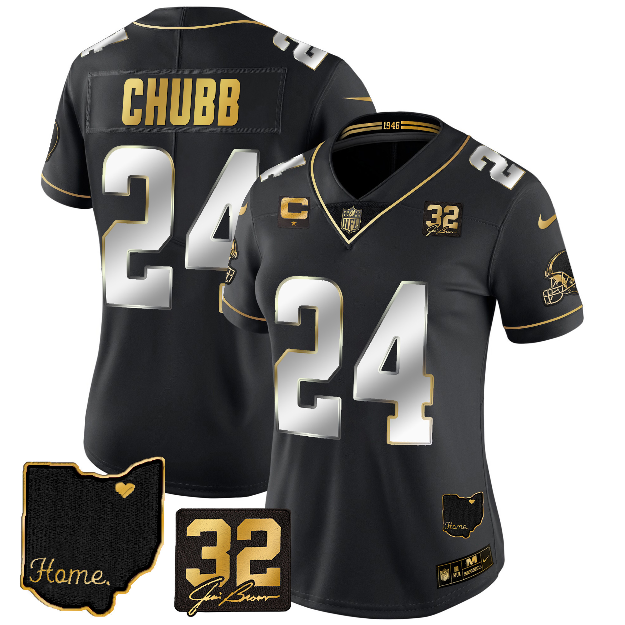 Nick Chubb Women's Cleveland Browns #32 Jim Brown Memorial & Home Patch Gold Black Limited Jersey - All Stitched