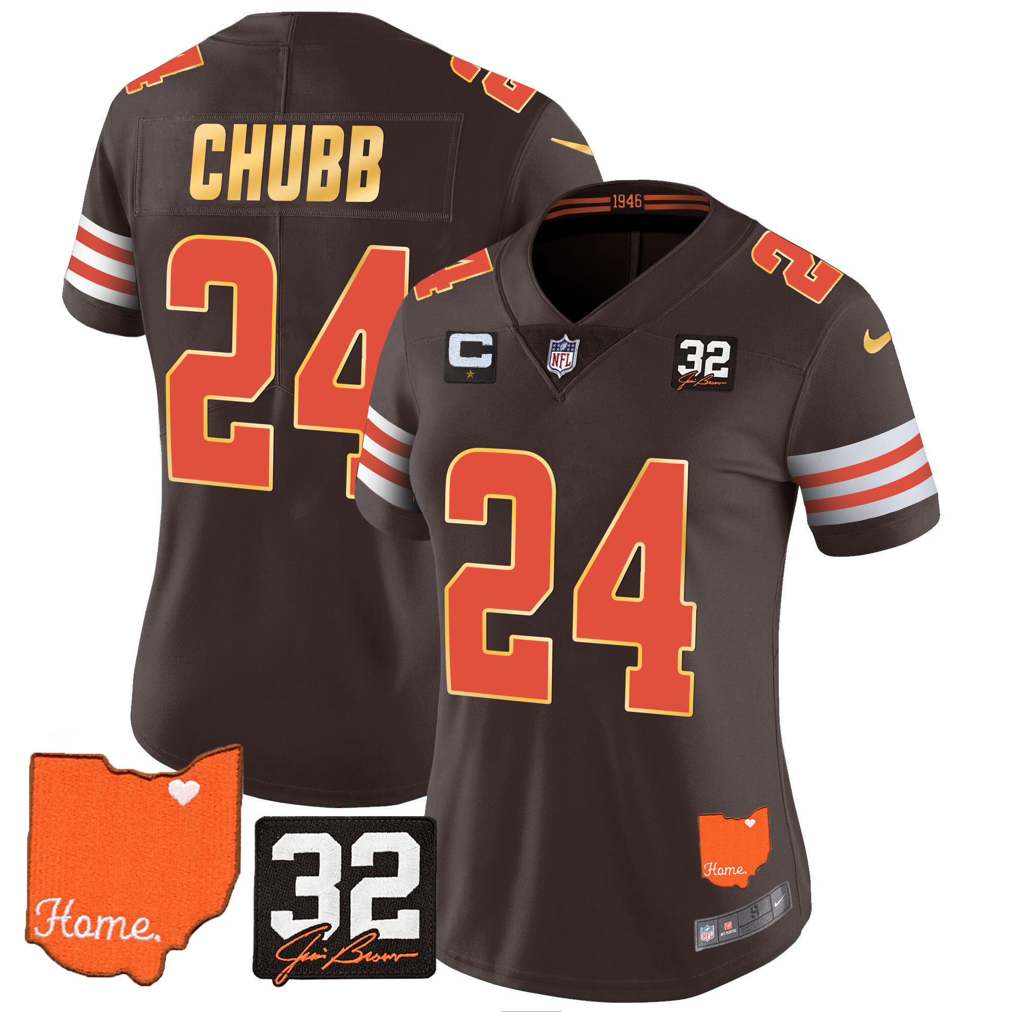 Nick Chubb Women's Cleveland Browns #32 Jim Brown Memorial & Home Patch Gold Trim Jersey - All Stitched