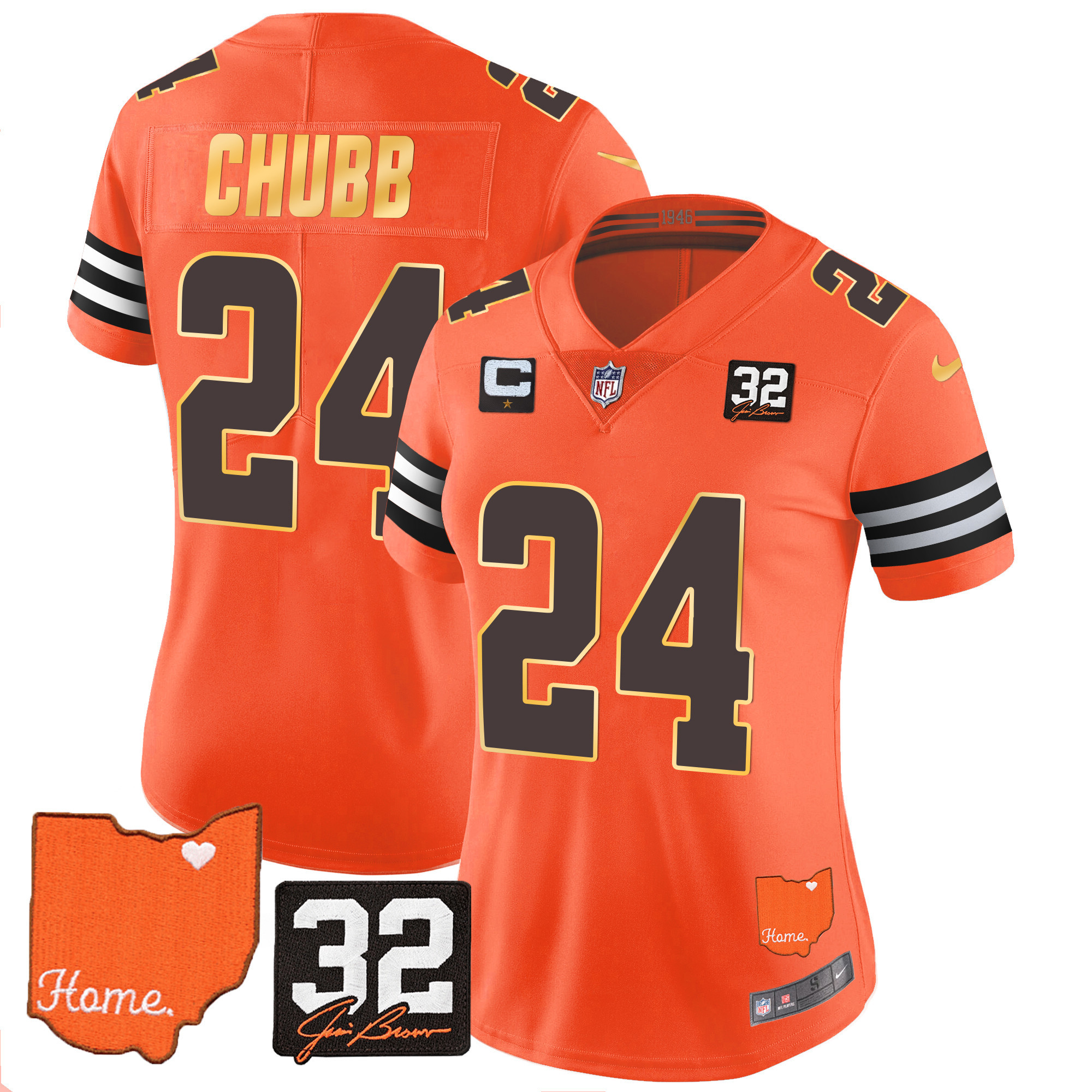 Nick Chubb Women's Cleveland Browns #32 Jim Brown Memorial & Home Patch Gold Trim Orange Jersey - All Stitched