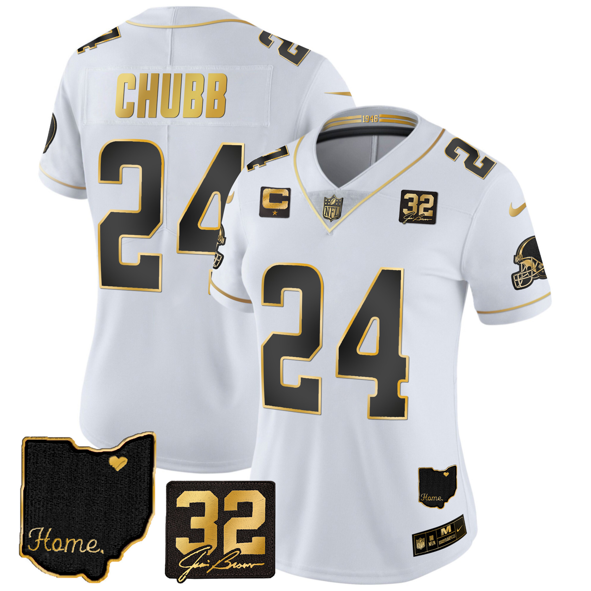 Nick Chubb Women's Cleveland Browns #32 Jim Brown Memorial & Home Patch Gold White Gold Jersey - All Stitched