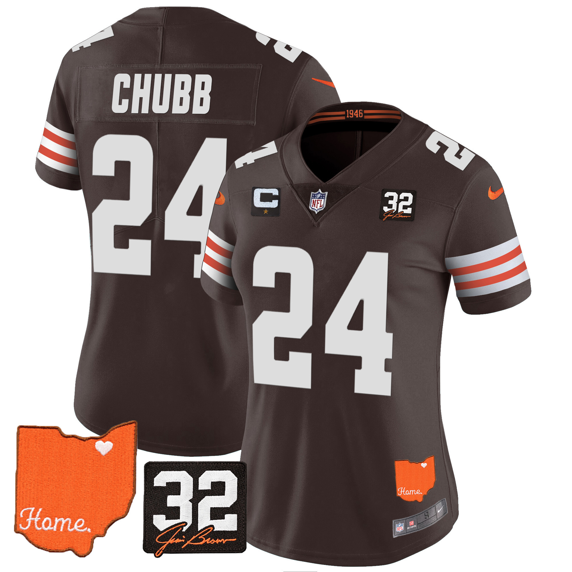 Nick Chubb Women's Cleveland Browns #32 Jim Brown Memorial & Home Patch Jersey - All Stitched