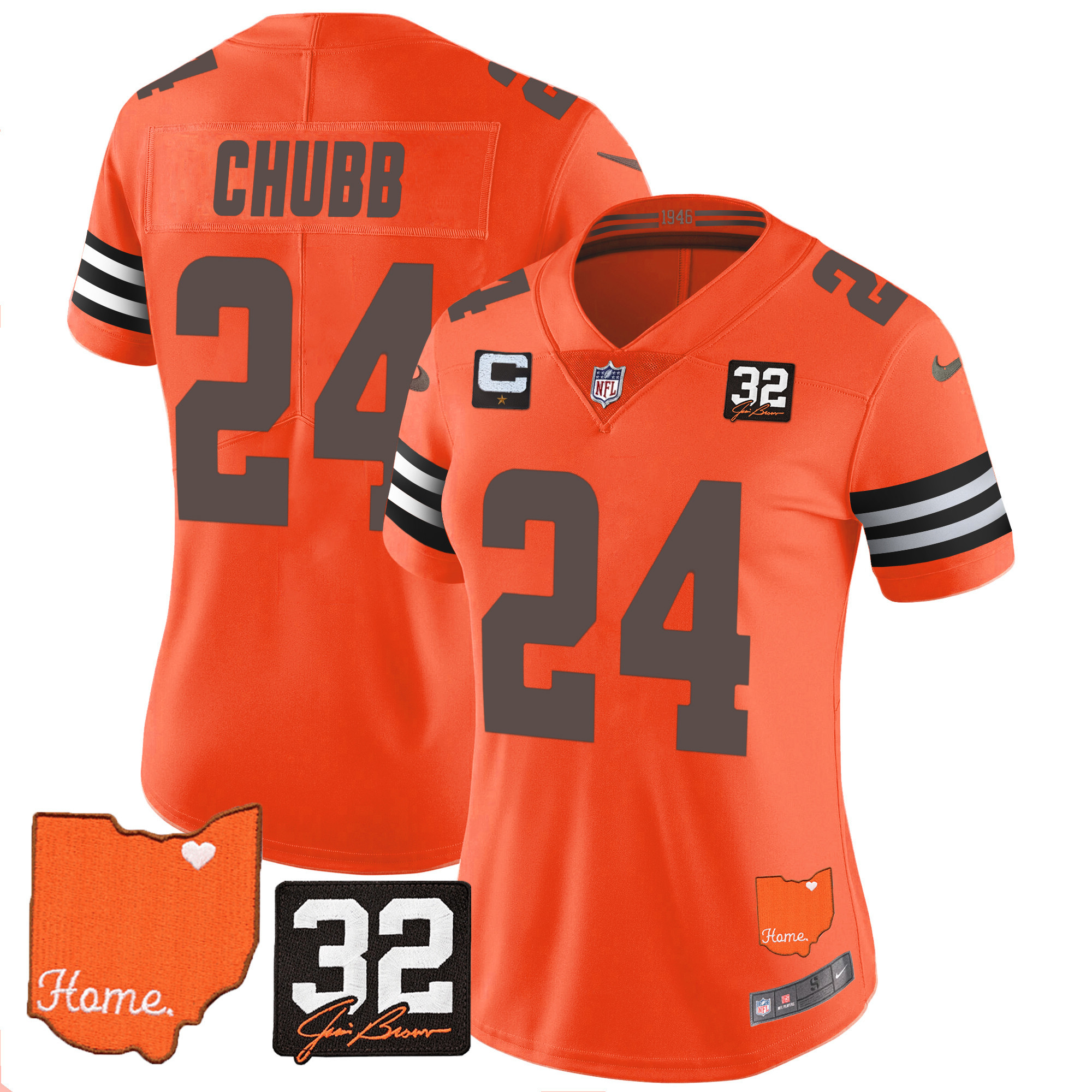 Nick Chubb Women's Cleveland Browns #32 Jim Brown Memorial & Home Patch Orange Jersey - All Stitched