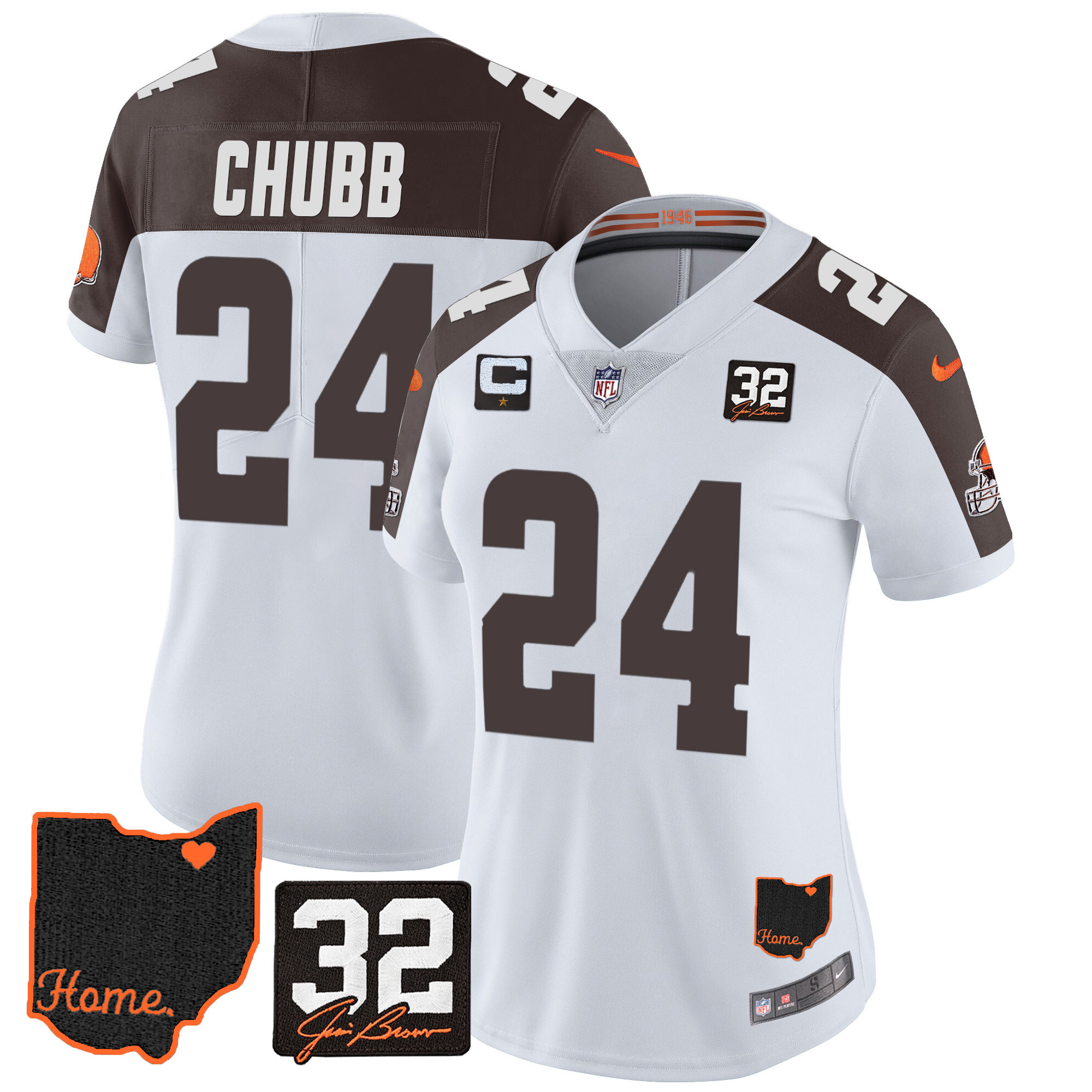 Nick Chubb Women's Cleveland Browns #32 Jim Brown Memorial & Home Patch V3 Inverted Jersey - All Stitched