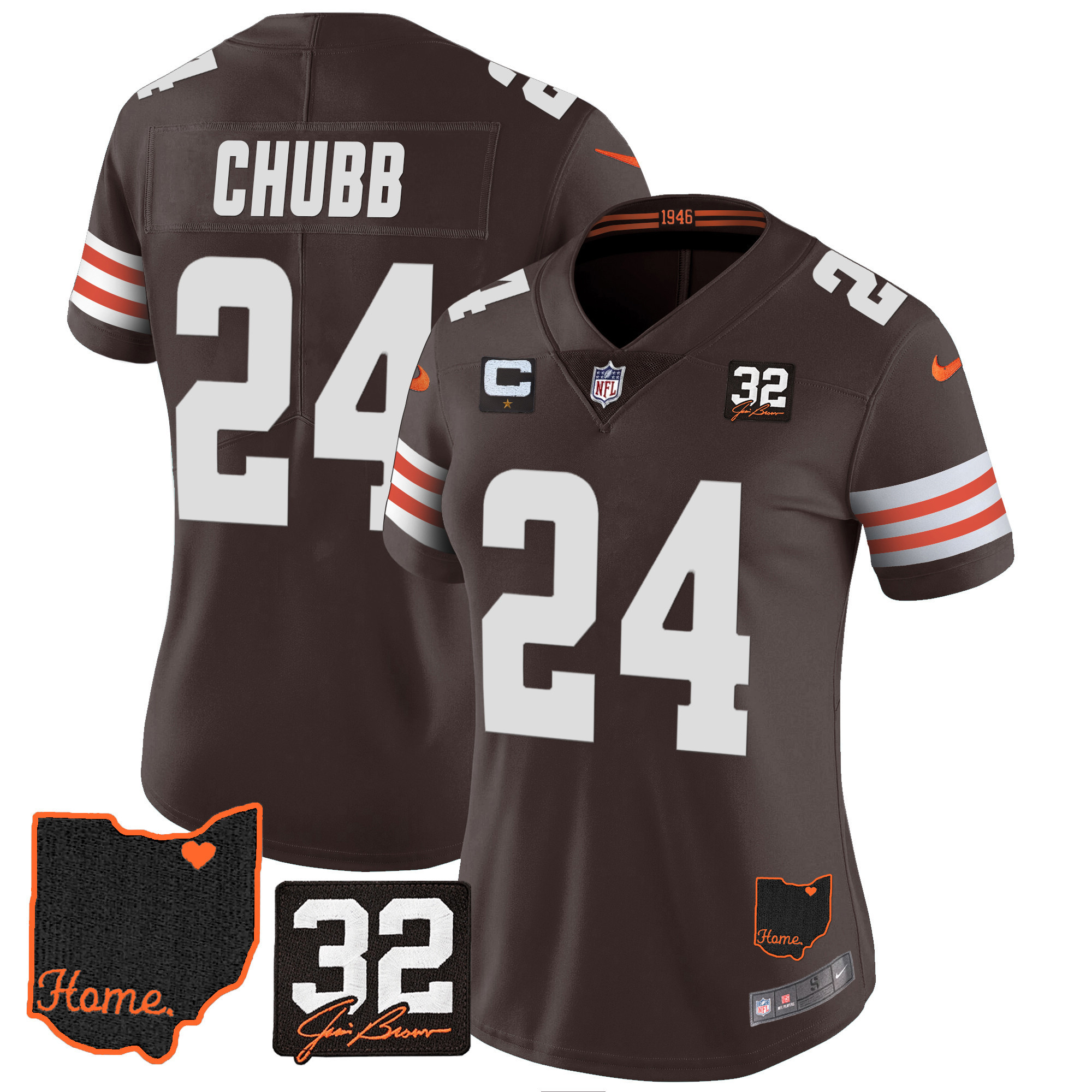 Nick Chubb Women's Cleveland Browns #32 Jim Brown Memorial & Home Patch V3 Jersey - All Stitched