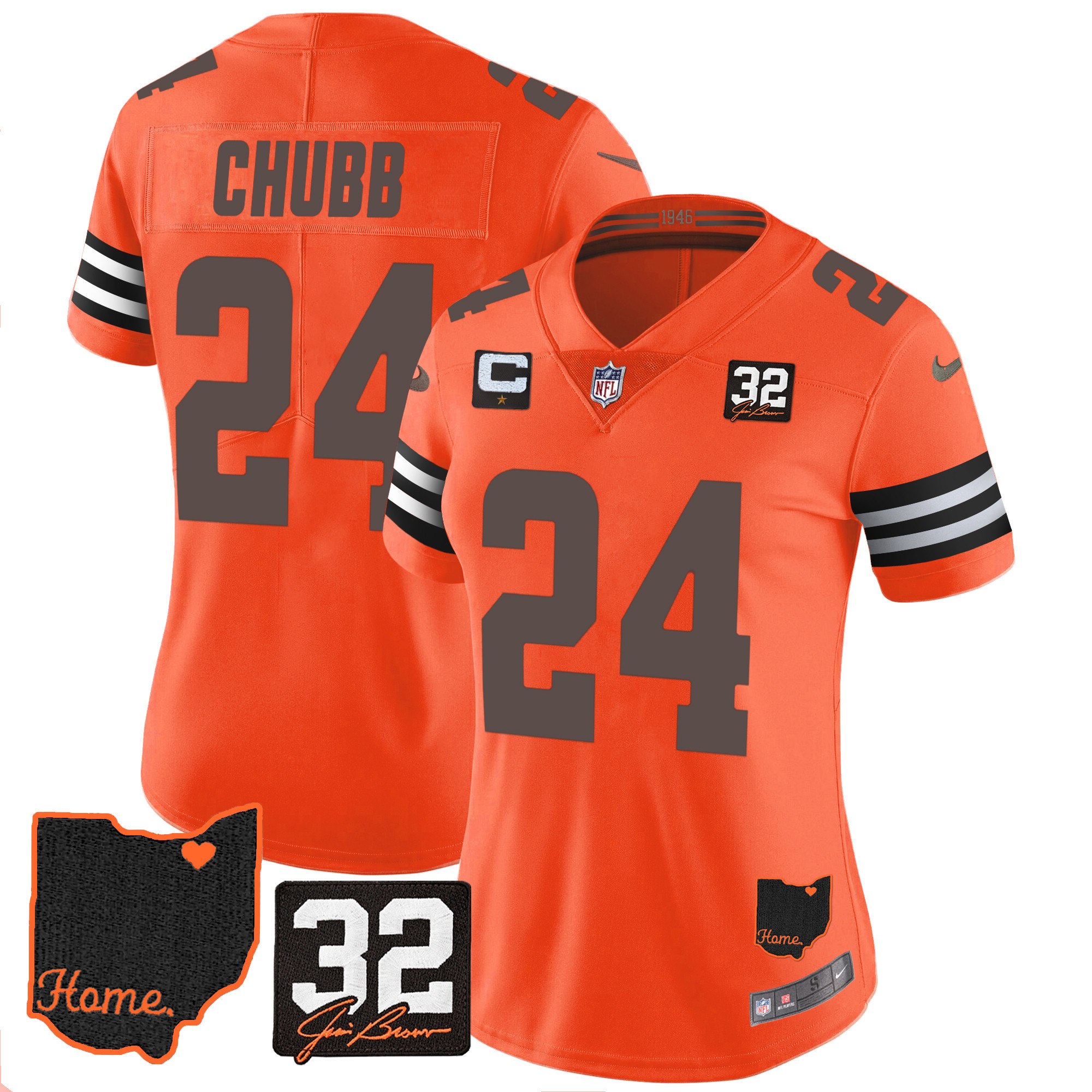 Nick Chubb Women's Cleveland Browns #32 Jim Brown Memorial & Home Patch V3 Orange Jersey - All Stitched