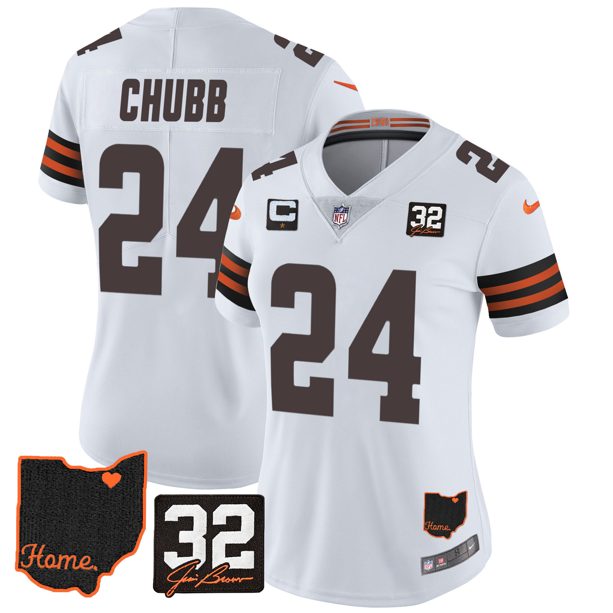 Nick Chubb Women's Cleveland Browns #32 Jim Brown Memorial & Home Patch V3 White Jersey - All Stitched