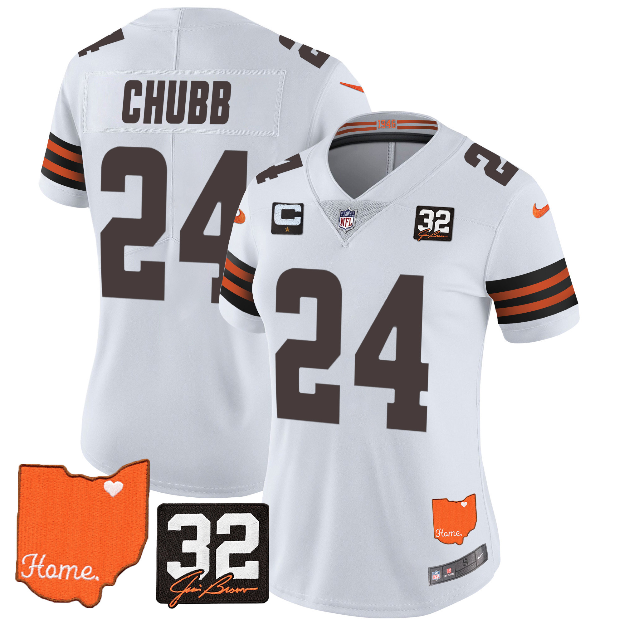 Nick Chubb Women's Cleveland Browns #32 Jim Brown Memorial & Home Patch White Jersey - All Stitched