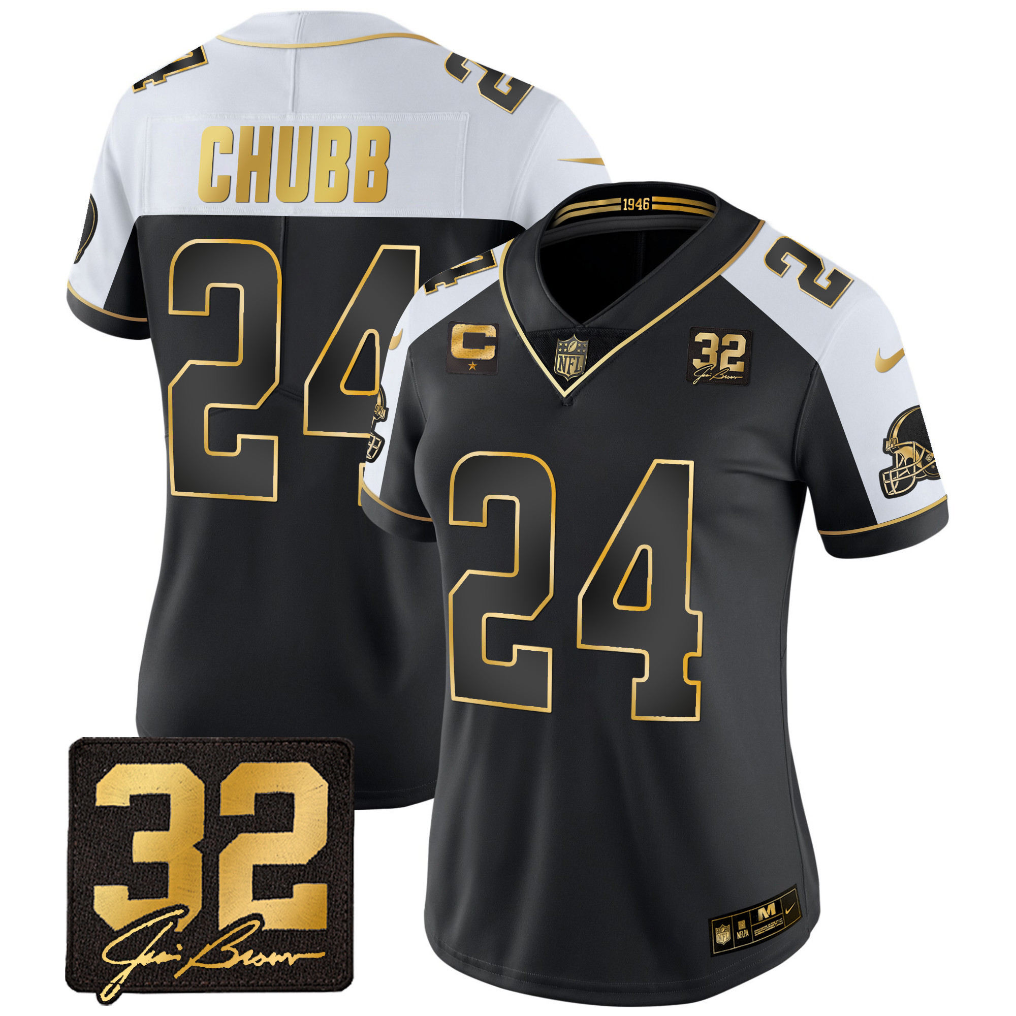 Nick Chubb Women's Cleveland Browns #32 Jim Brown Memorial Patch Gold Alternate Jersey - All Stitched