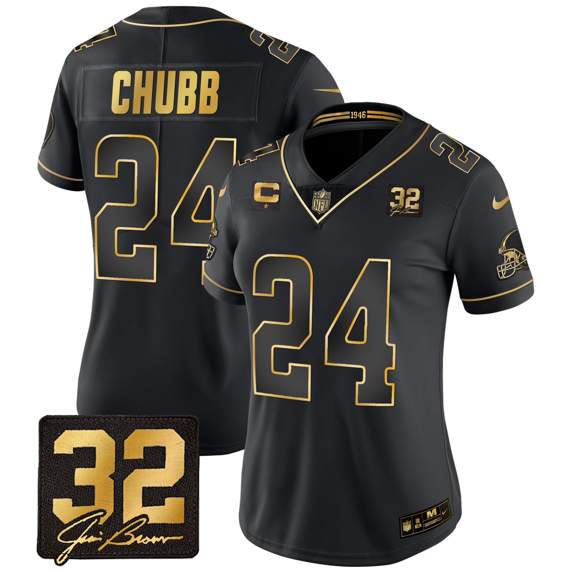 Nick Chubb Women's Cleveland Browns #32 Jim Brown Memorial Patch Gold Black Gold Jersey - All Stitched