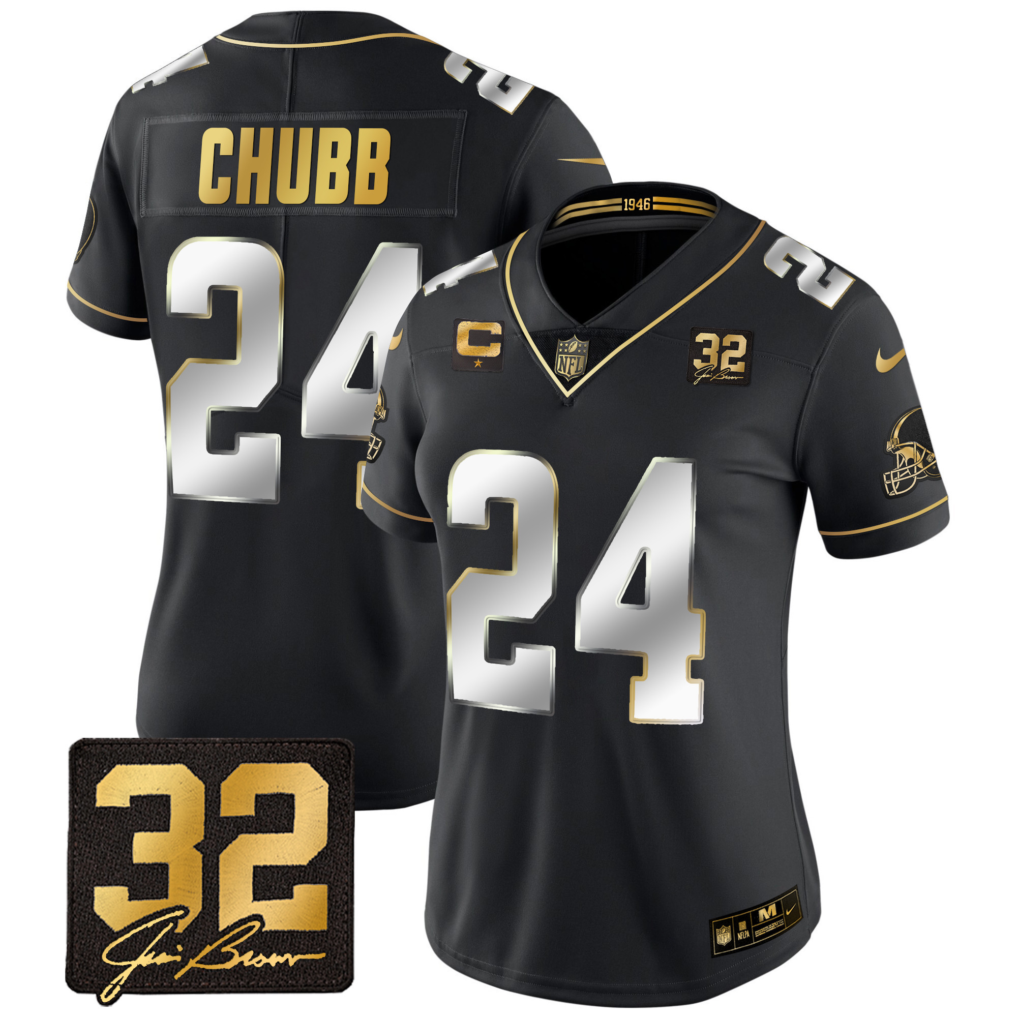 Nick Chubb Women's Cleveland Browns #32 Jim Brown Memorial Patch Gold Black Limited Jersey - All Stitched