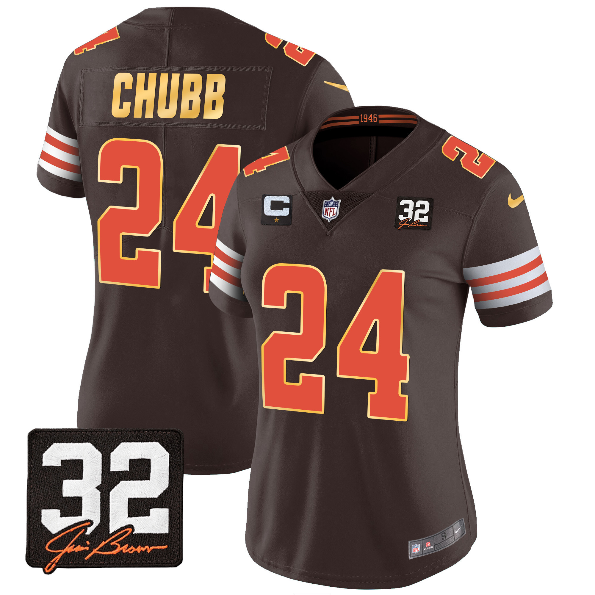 Nick Chubb Women's Cleveland Browns #32 Jim Brown Memorial Patch Gold Trim Jersey - All Stitched
