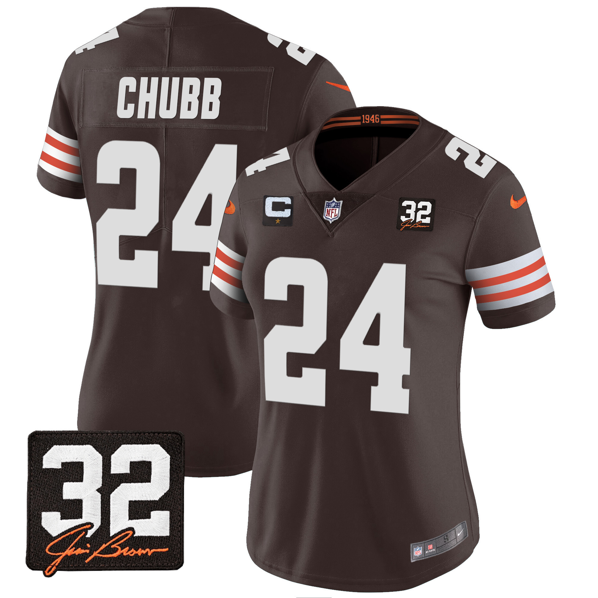 Nick Chubb Women's Cleveland Browns #32 Jim Brown Memorial Patch Jersey - All Stitched