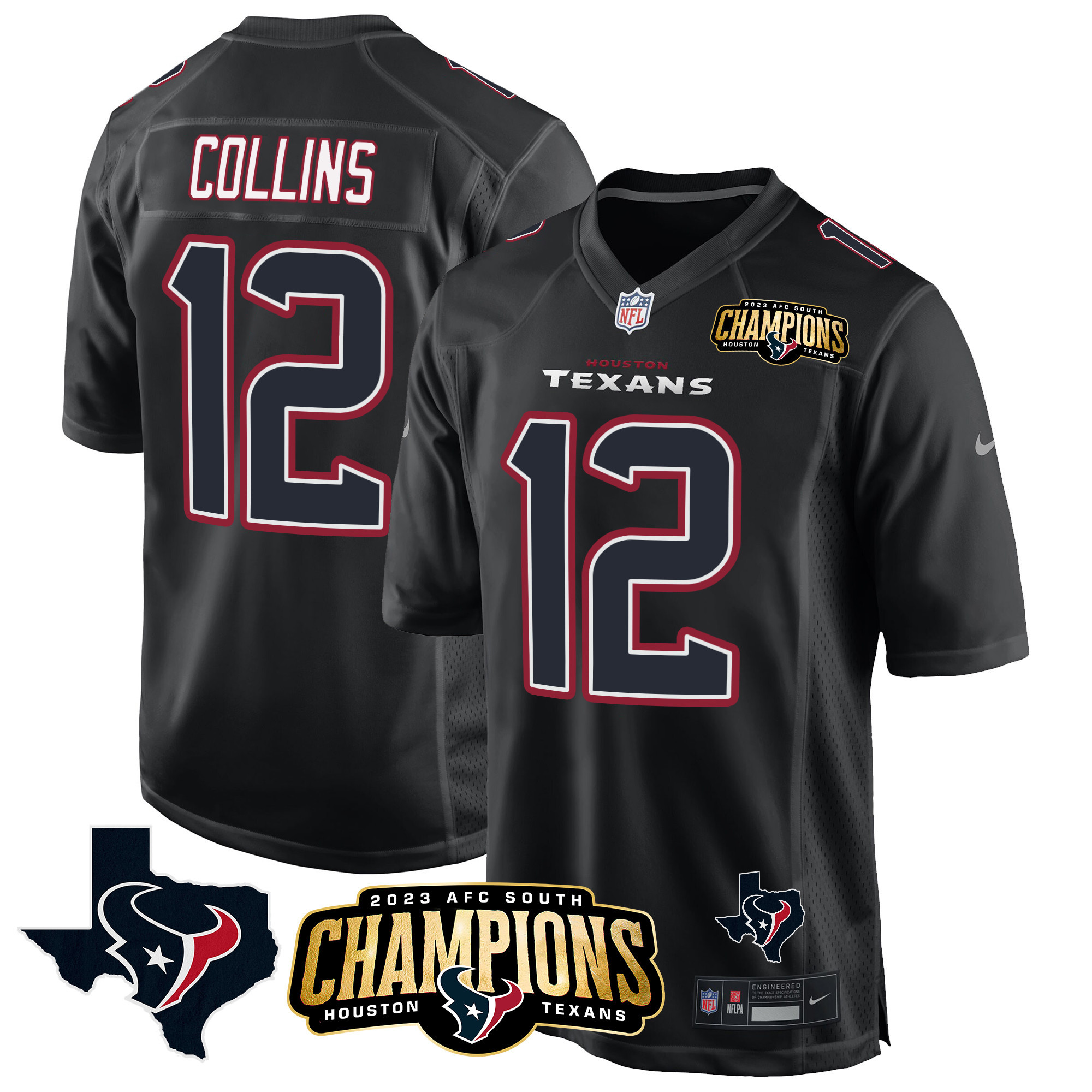 Nico Collins Men's Houston Texans 2023 AFC South Champions Patch Game Black Jersey - All Stitched 