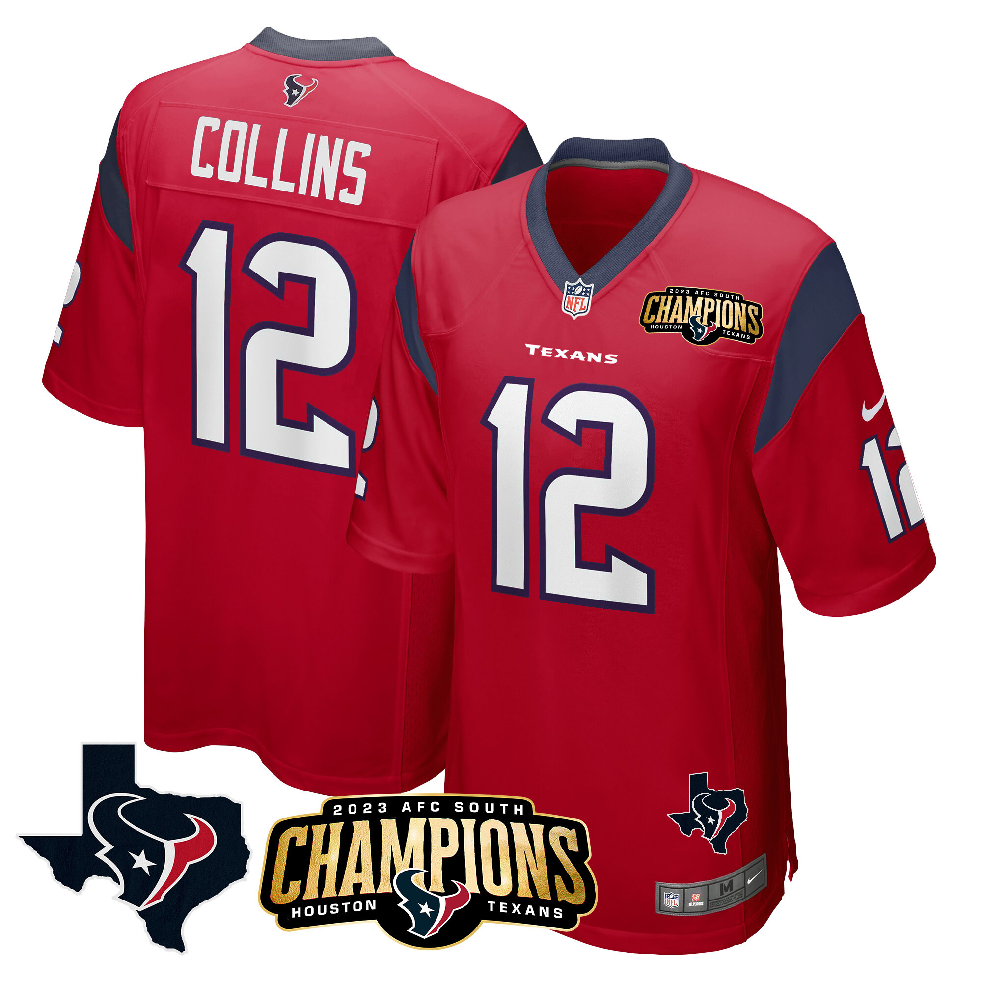 Nico Collins Men's Houston Texans 2023 AFC South Champions Patch Game Red Jersey - All Stitched 