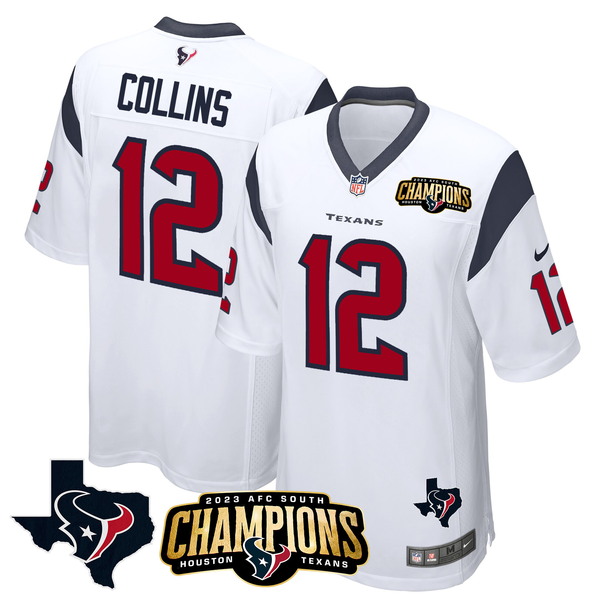 Nico Collins Men's Houston Texans 2023 AFC South Champions Patch Game White Jersey - All Stitched 