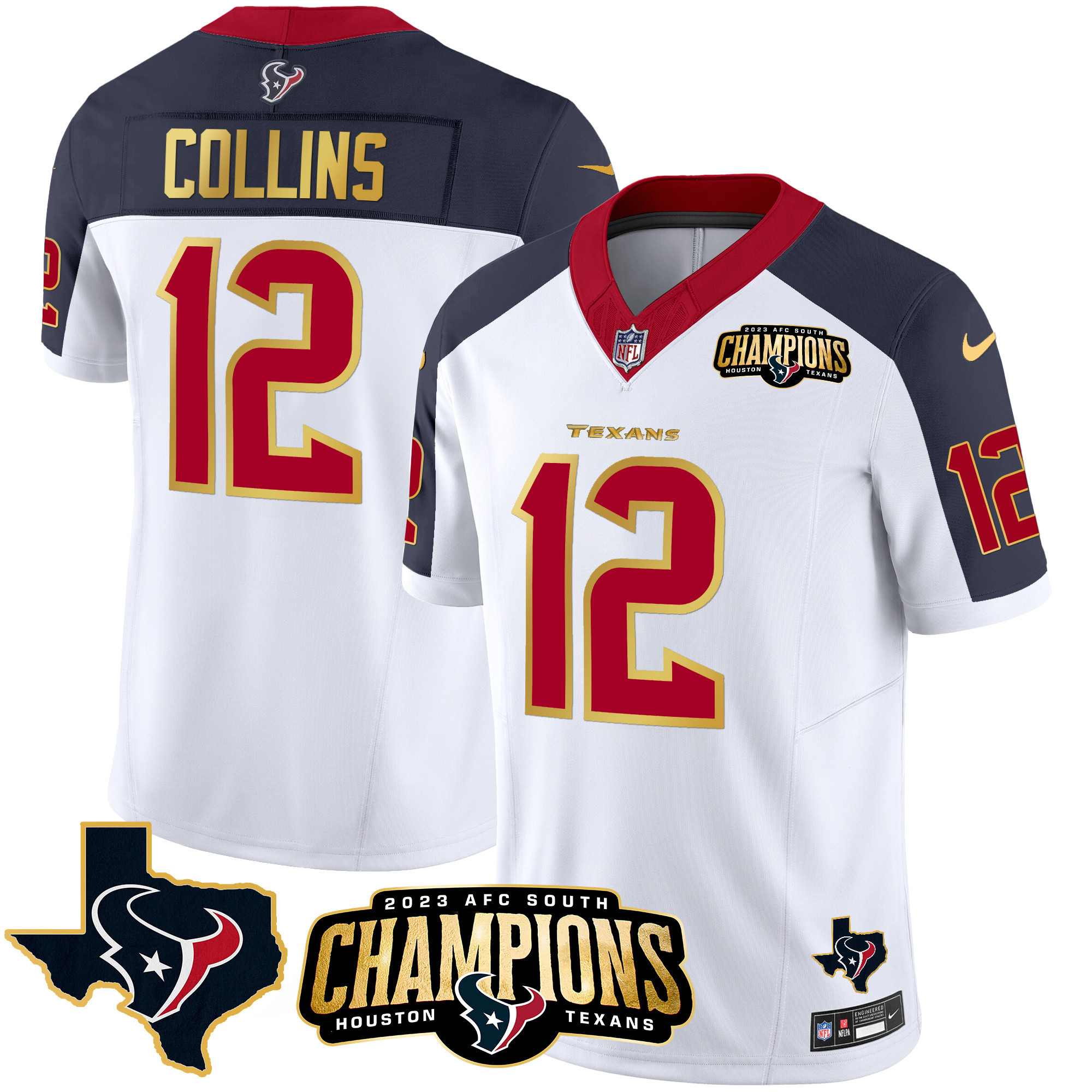 Nico Collins Men's Houston Texans 2023 AFC South Champions Patch Gold Trim Vapor Inverted Jersey - All Stitched 