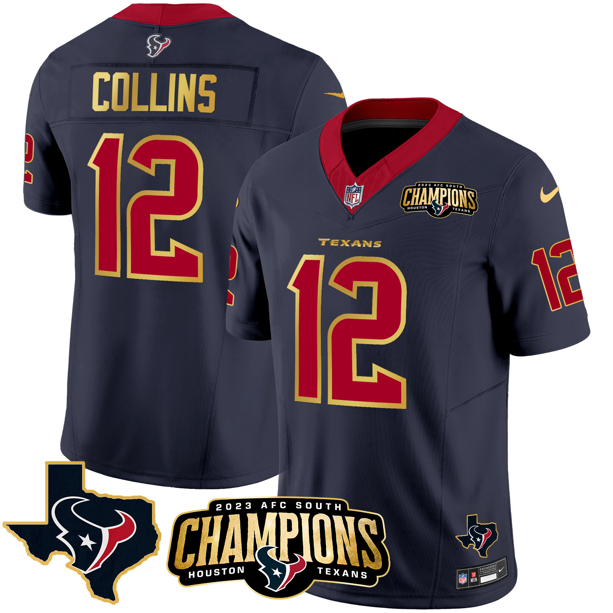 Nico Collins Men's Houston Texans 2023 AFC South Champions Patch Gold Trim Vapor Navy Jersey - All Stitched 
