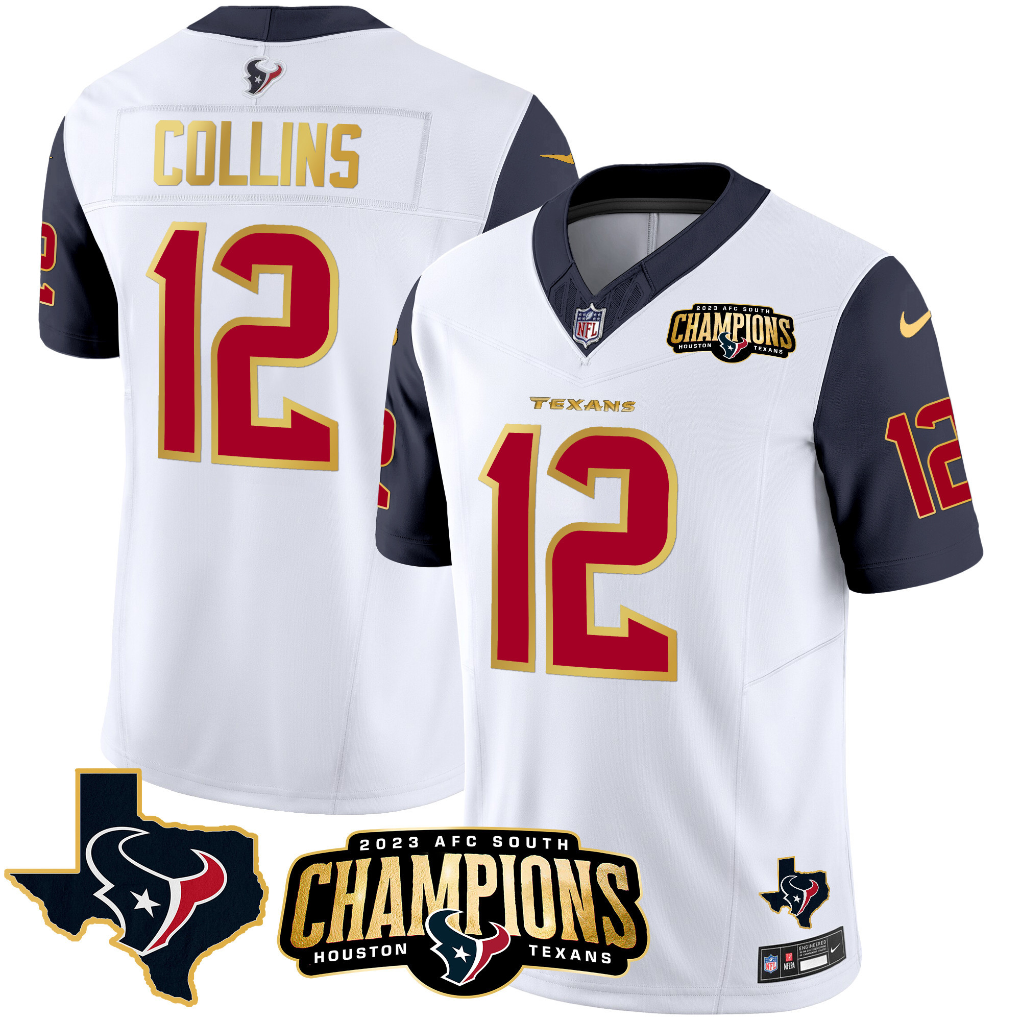Nico Collins Men's Houston Texans 2023 AFC South Champions Patch Gold Trim Vapor Navy Sleeves Jersey - All Stitched 