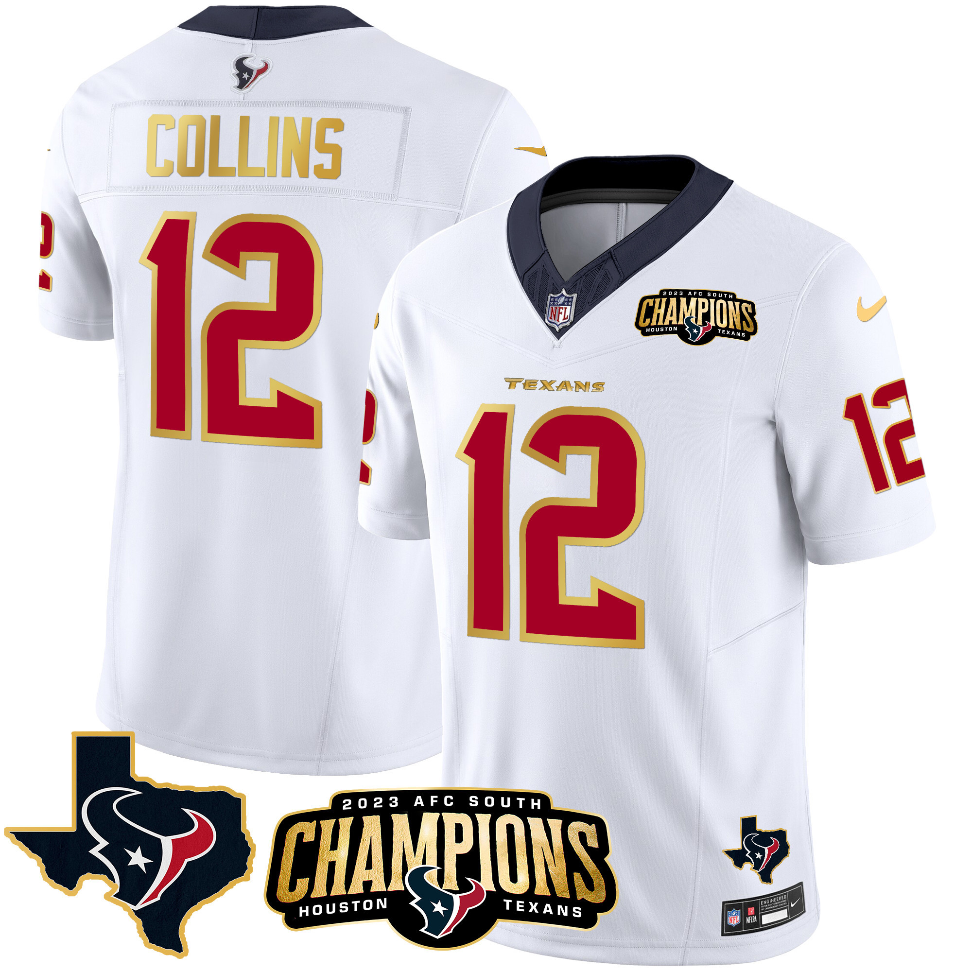 Nico Collins Men's Houston Texans 2023 AFC South Champions Patch Gold Trim Vapor White Jersey - All Stitched 