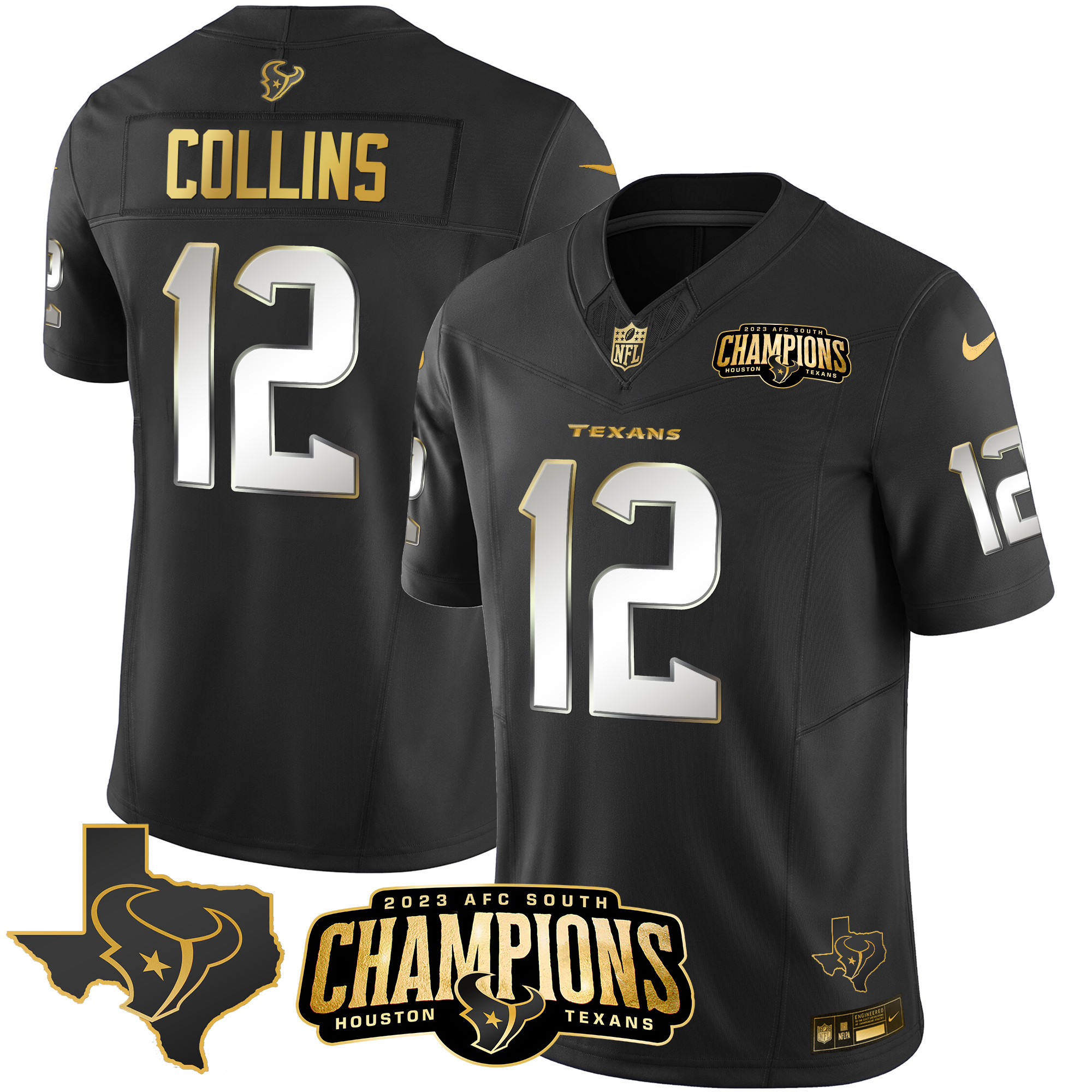 Nico Collins Men's Houston Texans 2023 AFC South Champions Patch Gold Vapor Black Limited Jersey - All Stitched 