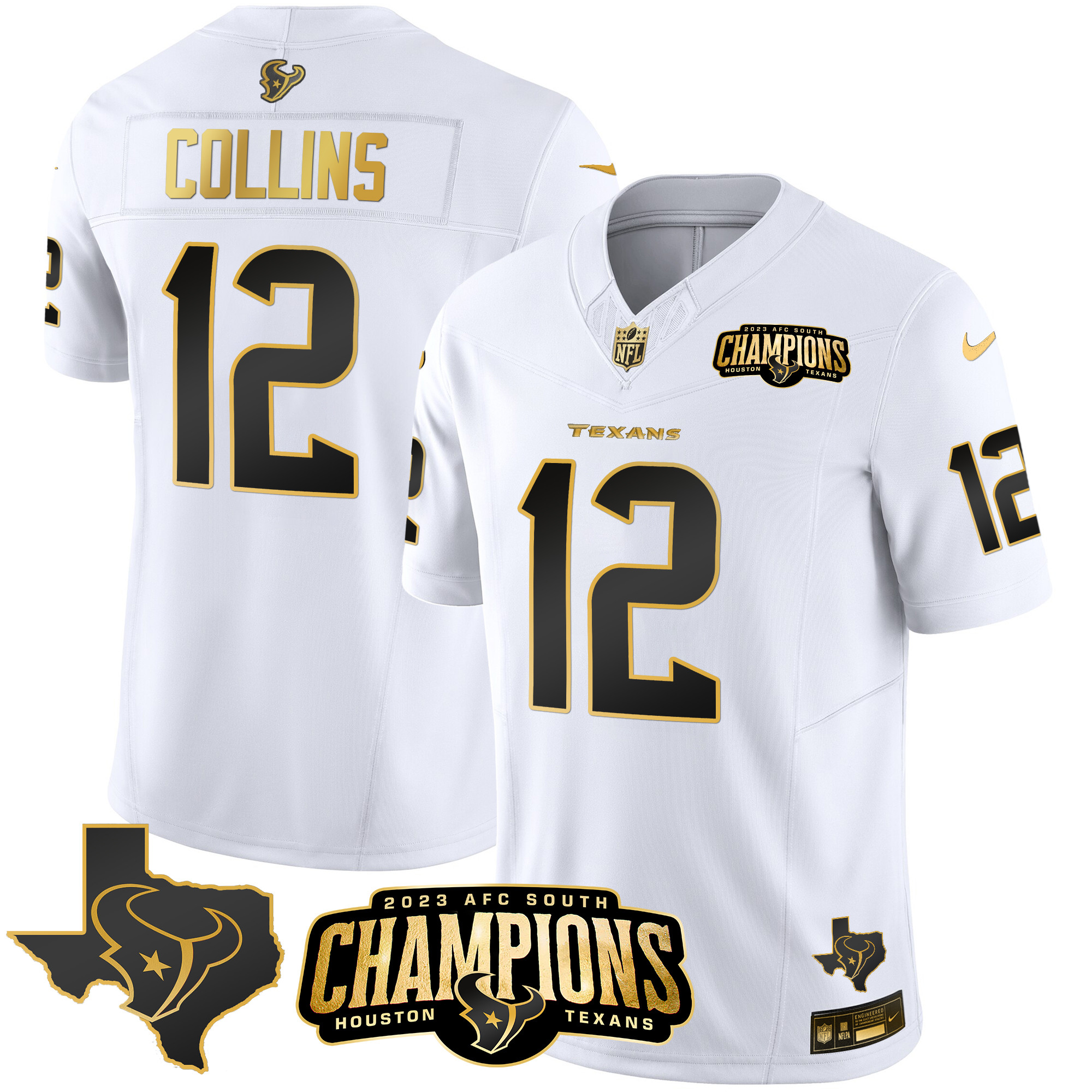 Nico Collins Men's Houston Texans 2023 AFC South Champions Patch Gold Vapor White Gold Jersey - All Stitched 