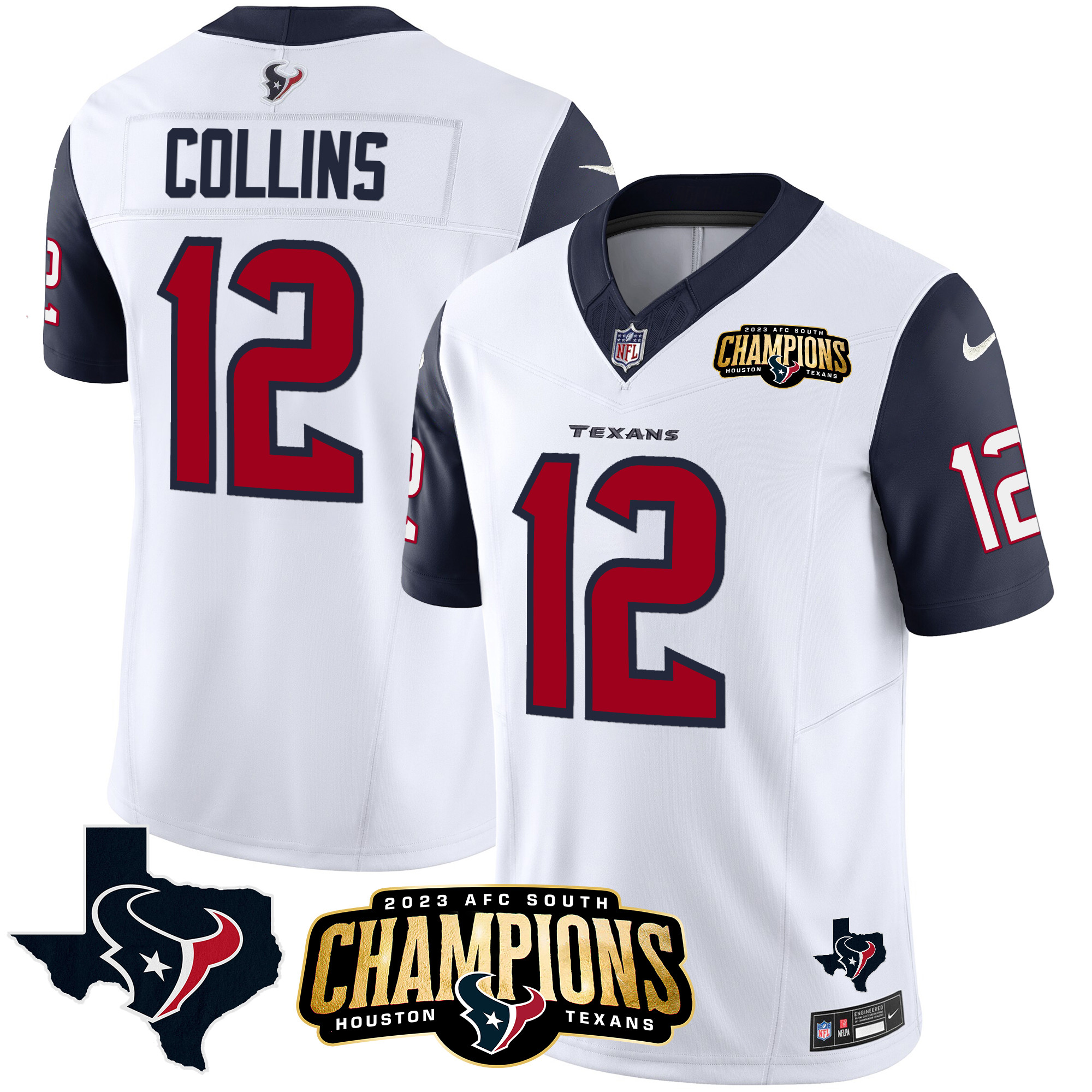 Nico Collins Men's Houston Texans 2023 AFC South Champions Patch Vapor Navy Sleeves Jersey - All Stitched 