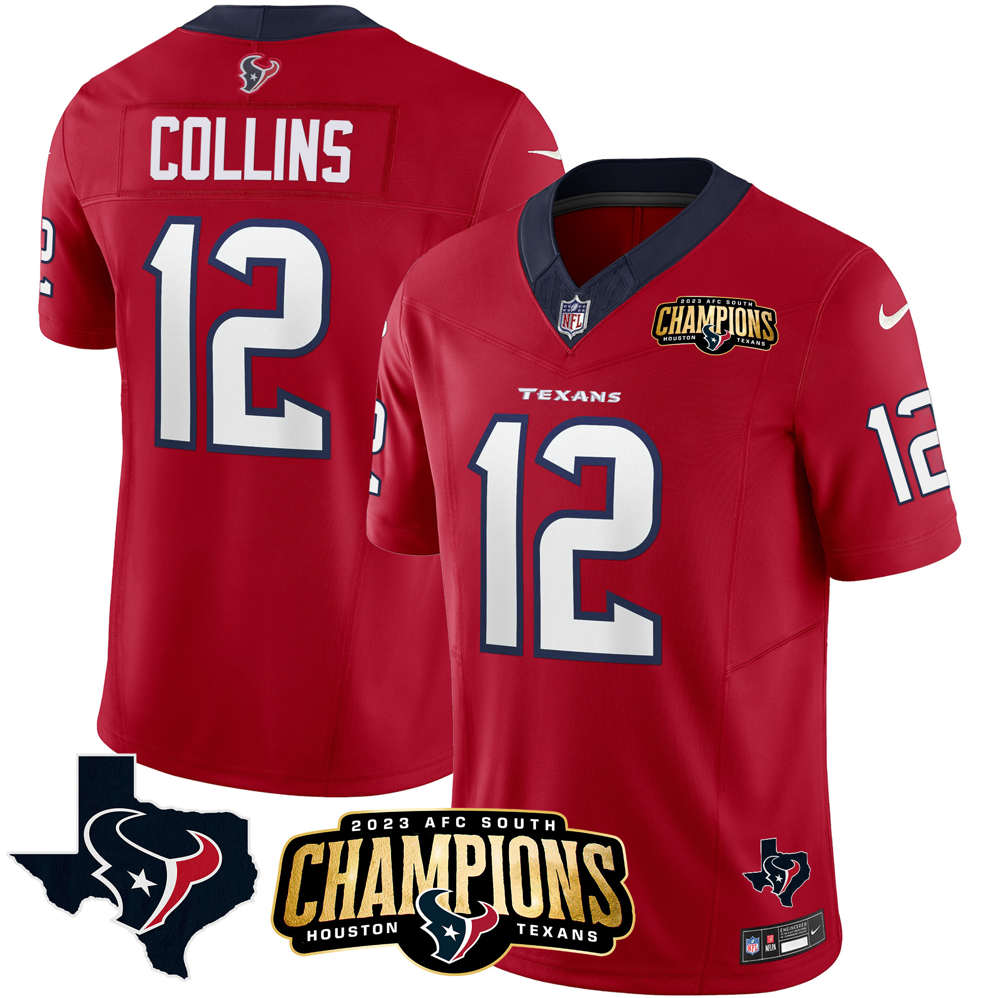 Nico Collins Men's Houston Texans 2023 AFC South Champions Patch Vapor Red Jersey - All Stitched 