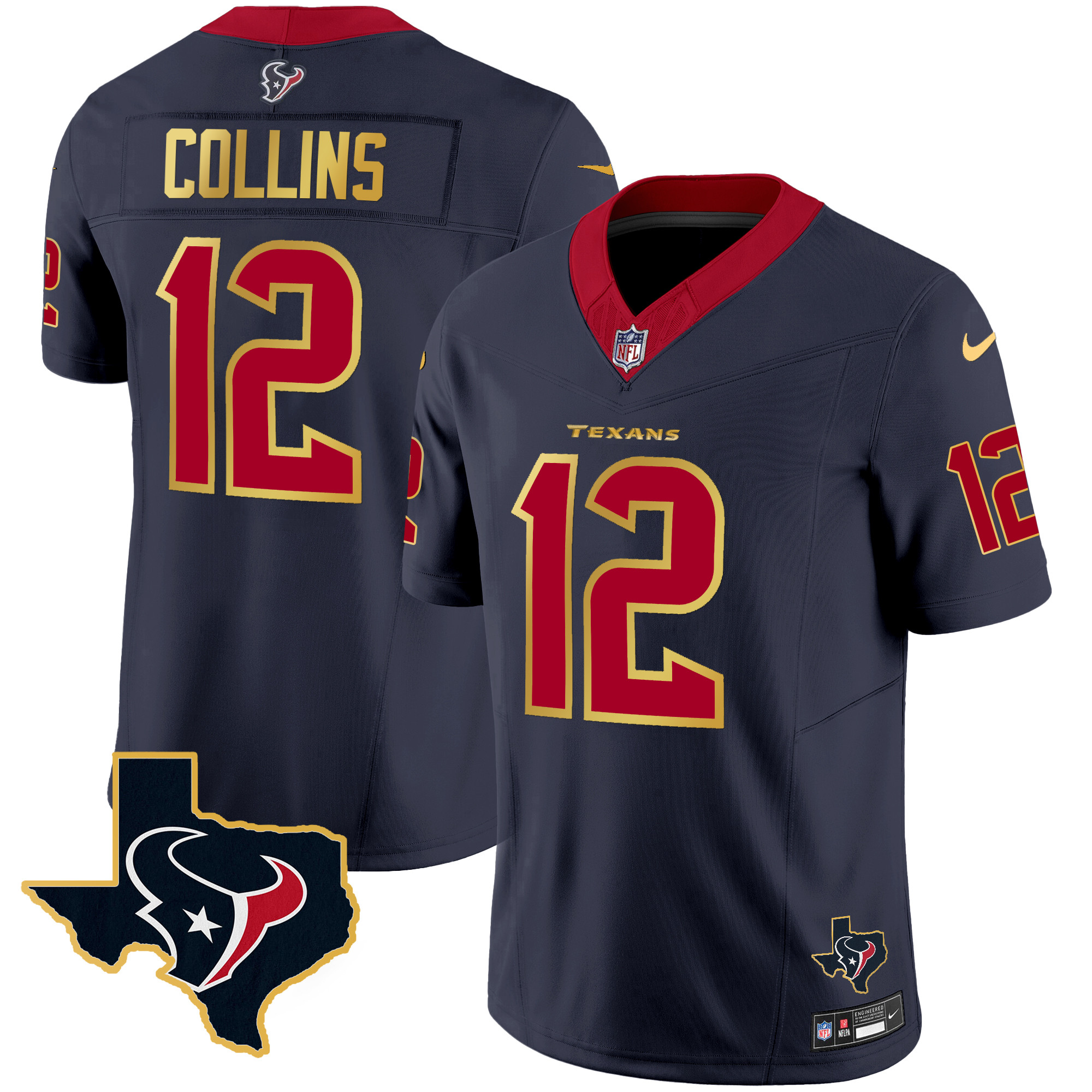 Nico Collins Men's Houston Texans Gold Trim Vapor Navy Jersey - All Stitched 