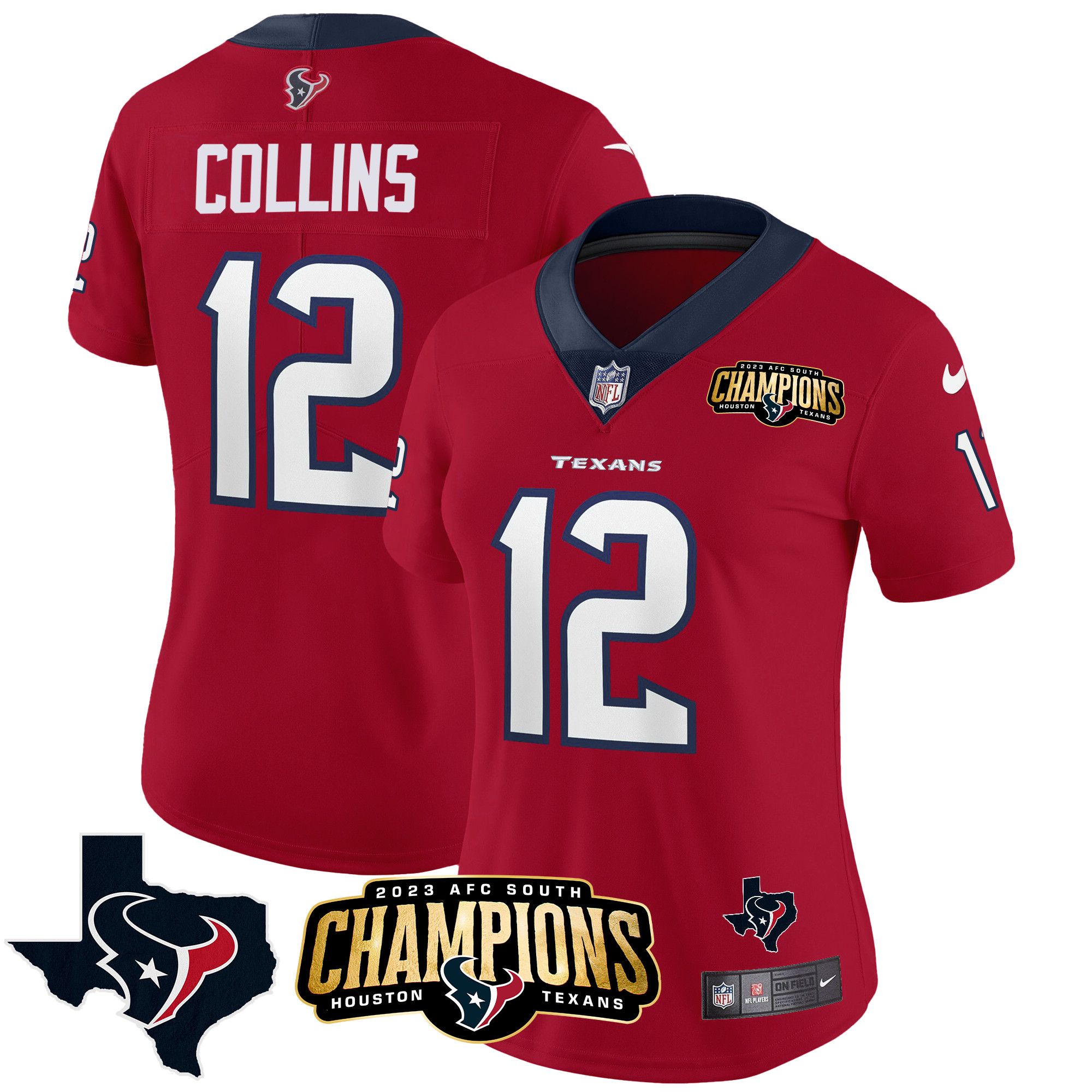 Nico Collins Women's Houston Texans 2023 AFC South Champions Patch Vapor Red Jersey - All Stitched 