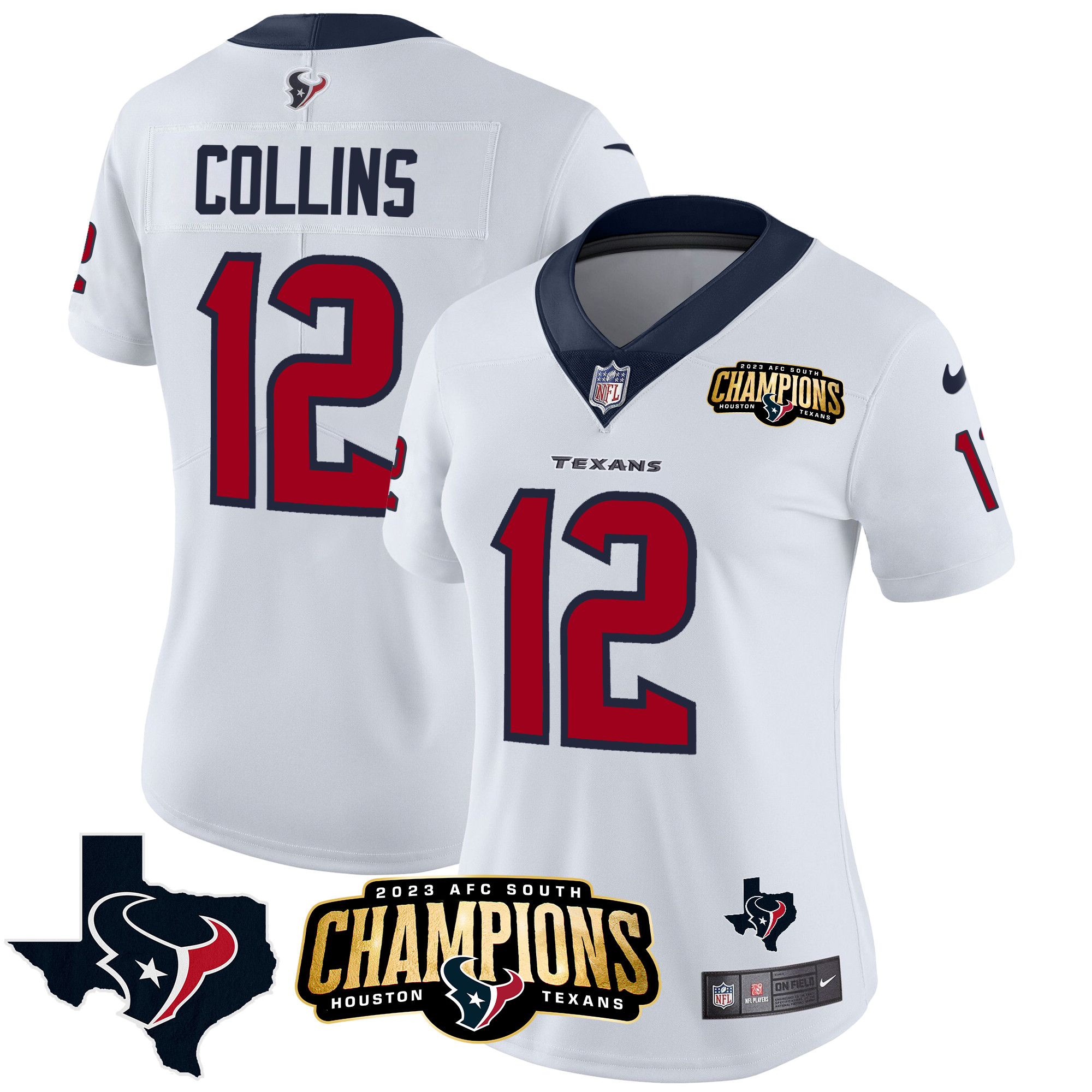 Nico Collins Women's Houston Texans 2023 AFC South Champions Patch Vapor White Jersey - All Stitched 
