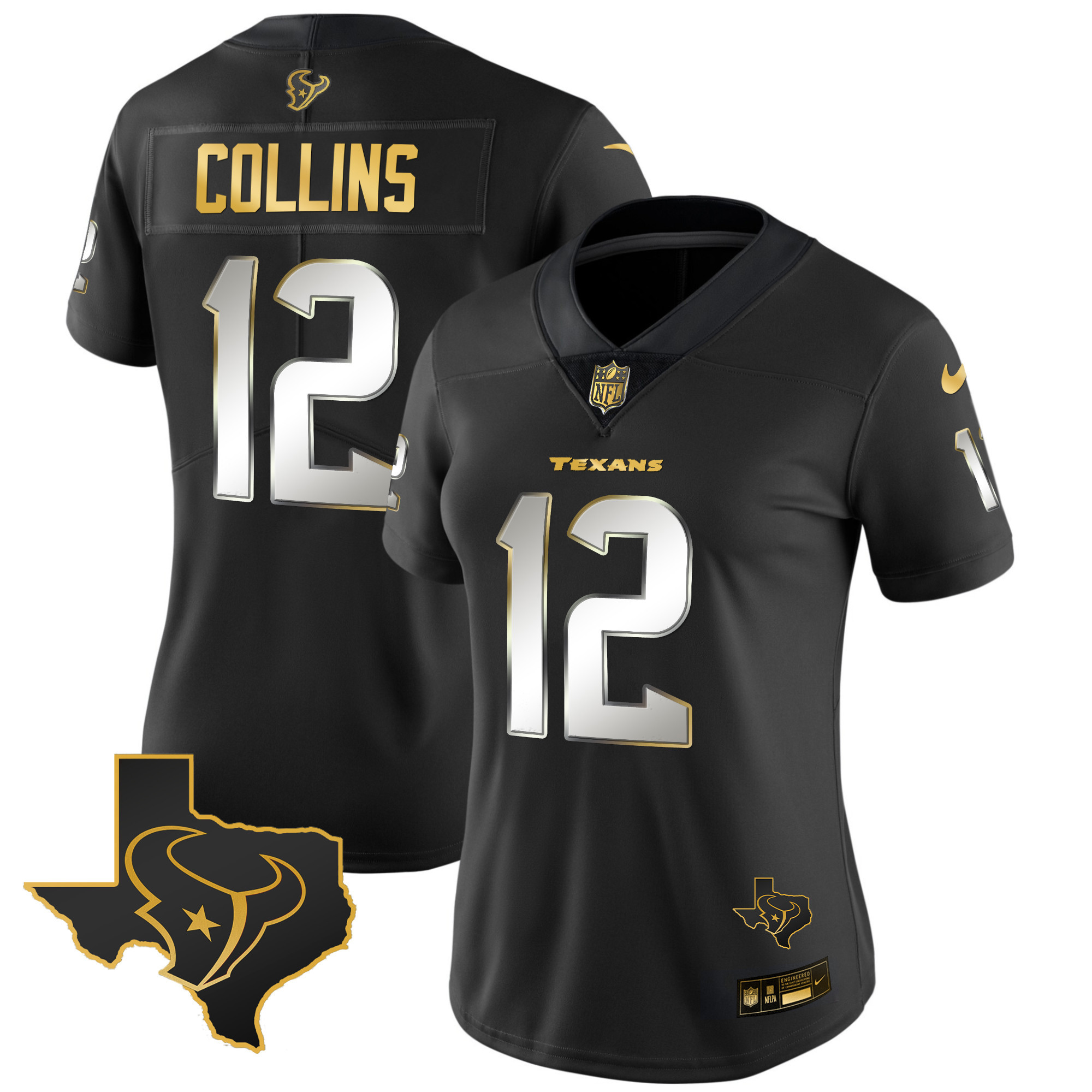 Nico Collins Women's Houston Texans Gold Vapor Limited Black Limited Jersey - All Stitched 