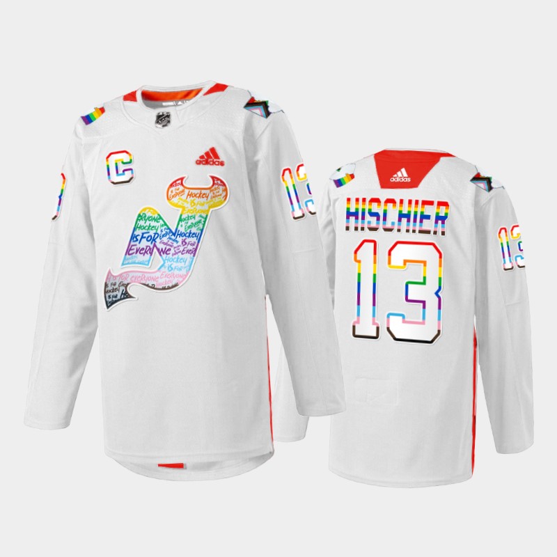 Nico Hischier New Jersey Devils LGBTQ Pride Night 2022 Jersey White #13 Warmup