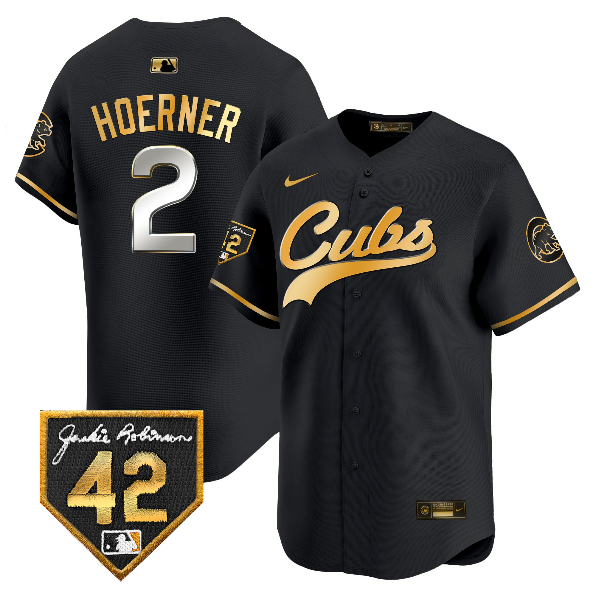 Nico Hoerner Men's Chicago Cubs 2024 Jackie Robinson Patch Vapor Premier Limited Black Gold Jersey - All Stitched